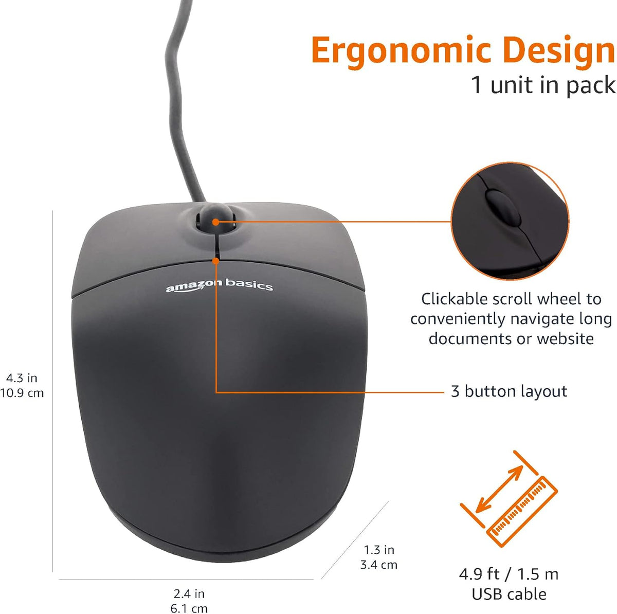 Amazon Basics Responsive and Precise 3-Button Wired USB Computer Mouse with Scrolling and Tracking, Single, Black