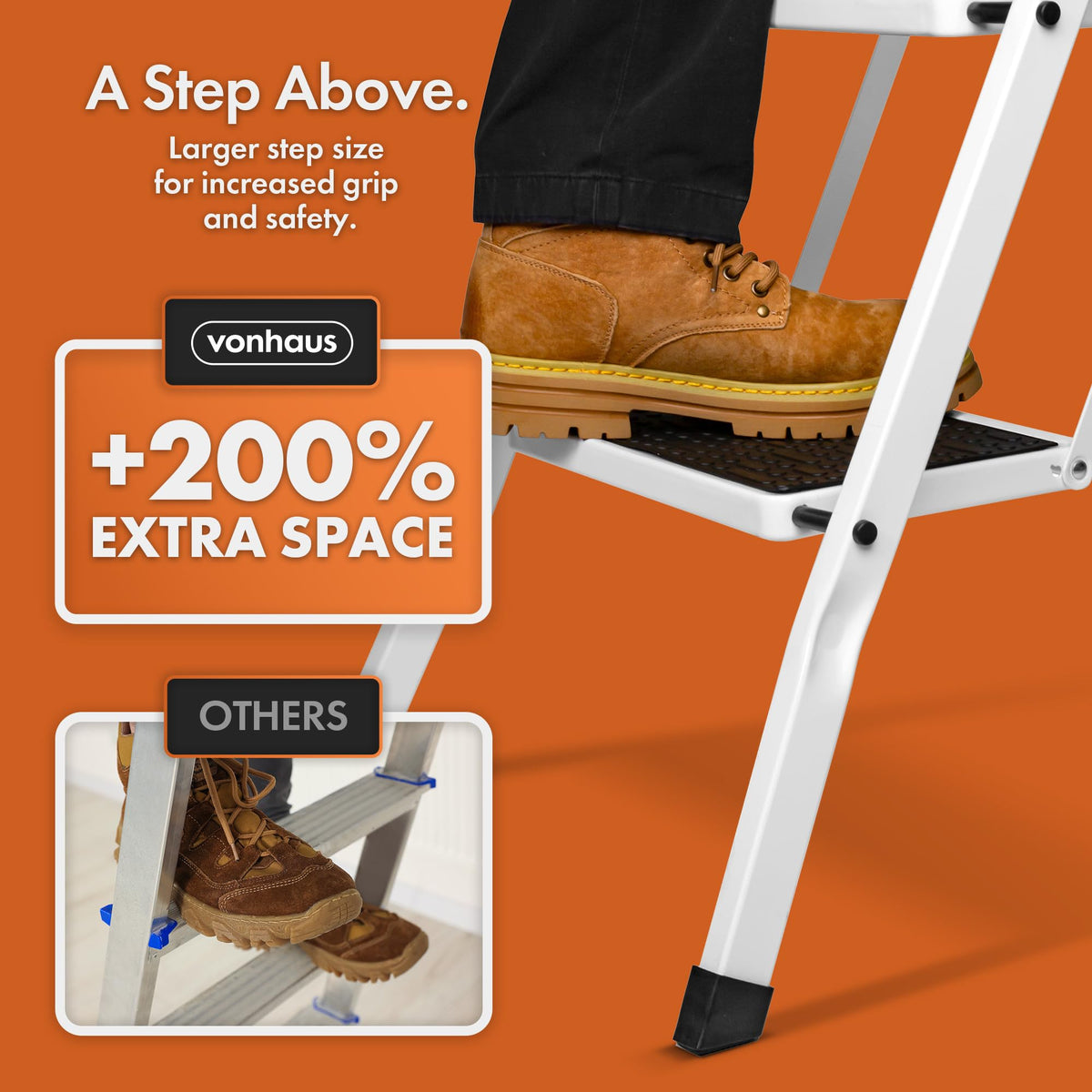 VonHaus 3 Step Ladder – Premium Quality Folding Step Ladder for DIY and Gardening - Anti Slip Feet, Easy to Store Ladder, 150KG Max Capacity - Durable Steel
