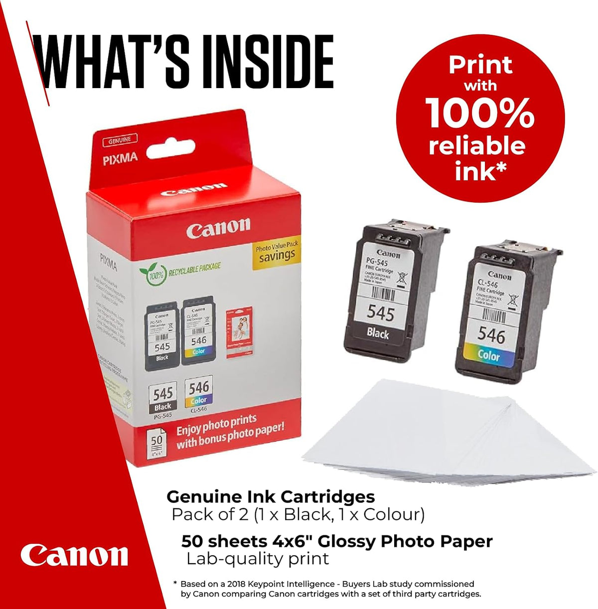 Canon Ink & Paper Multipack - PG-545/CL-546 genuine printer ink cartridges 2 pack (1 x black, 1 x colour) & 4x6 photo paper (50 x sheets) for TS3350, TS4550, TS3450, TS3150, TR4650, MX495