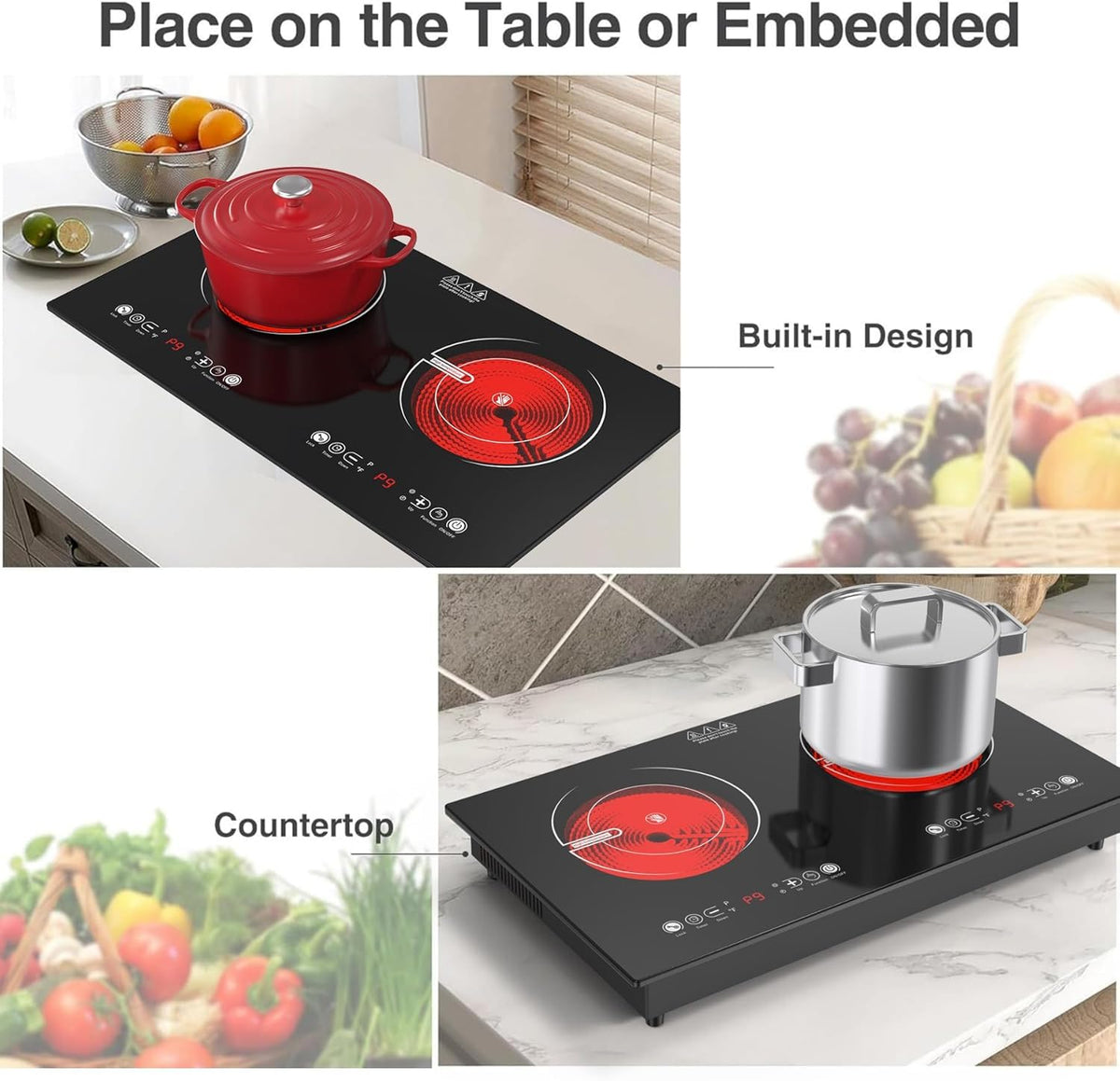 VBGK Portable Ceramic Hob, 2000W Portable Electric Hob, Electric Ceramic Hob, Single Cooking Zone with LED Display, 4-Hours Timer, Safety Lock, Residual Heat Indicator