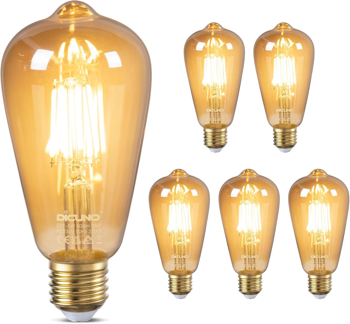 DiCUNO Vintage Light Bulb E27 Edison Screw Bulb, 6W, Warm White 2200K, 6Pcs