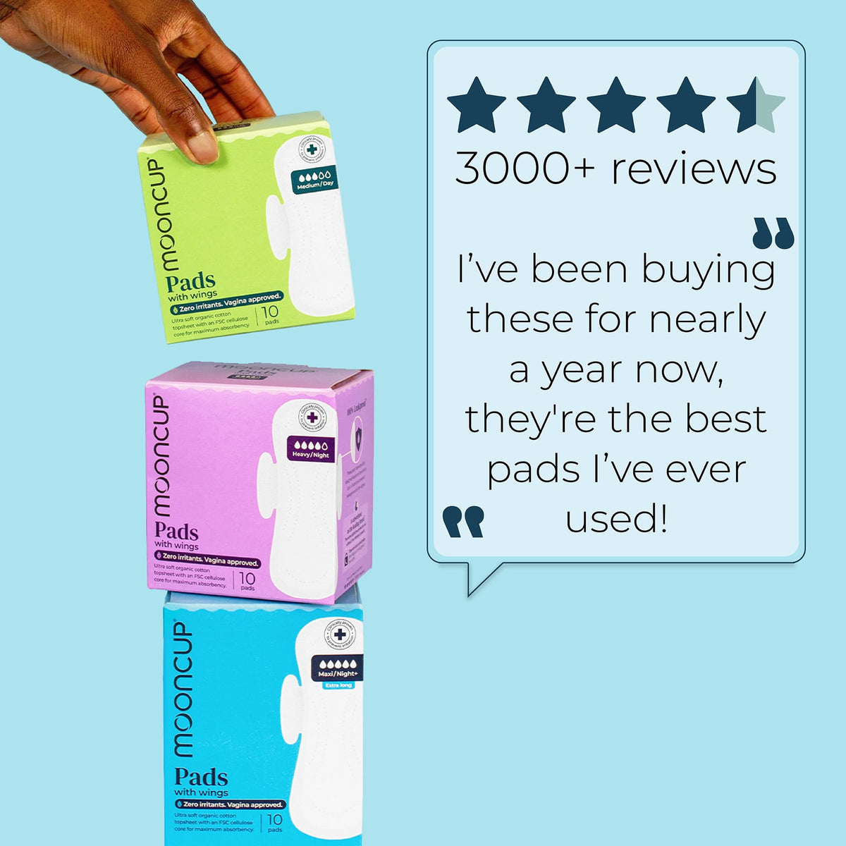 Mooncup Pads with Wings - Biodegradable Pads Made with Organic Cotton for Irritation-Free Period Care - Leakproof, Plastic-Free, Highly Absorbent Protection for Sensitive Skin - (20) Heavy/Night