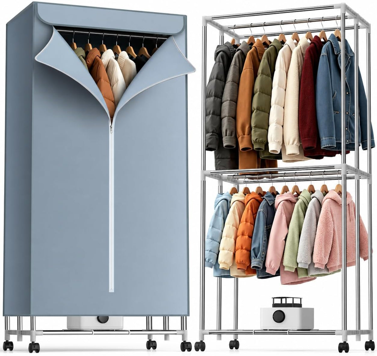 Feenao Heated Clothes Airer with Cover, 30-Min Fast Drying Clothes Dryer, Portable Indoor Laundry Dryer 16kg Large Capacity Double Layer Drying Rack, Lockable Wheels, Compact Dryer for Flats & Homes