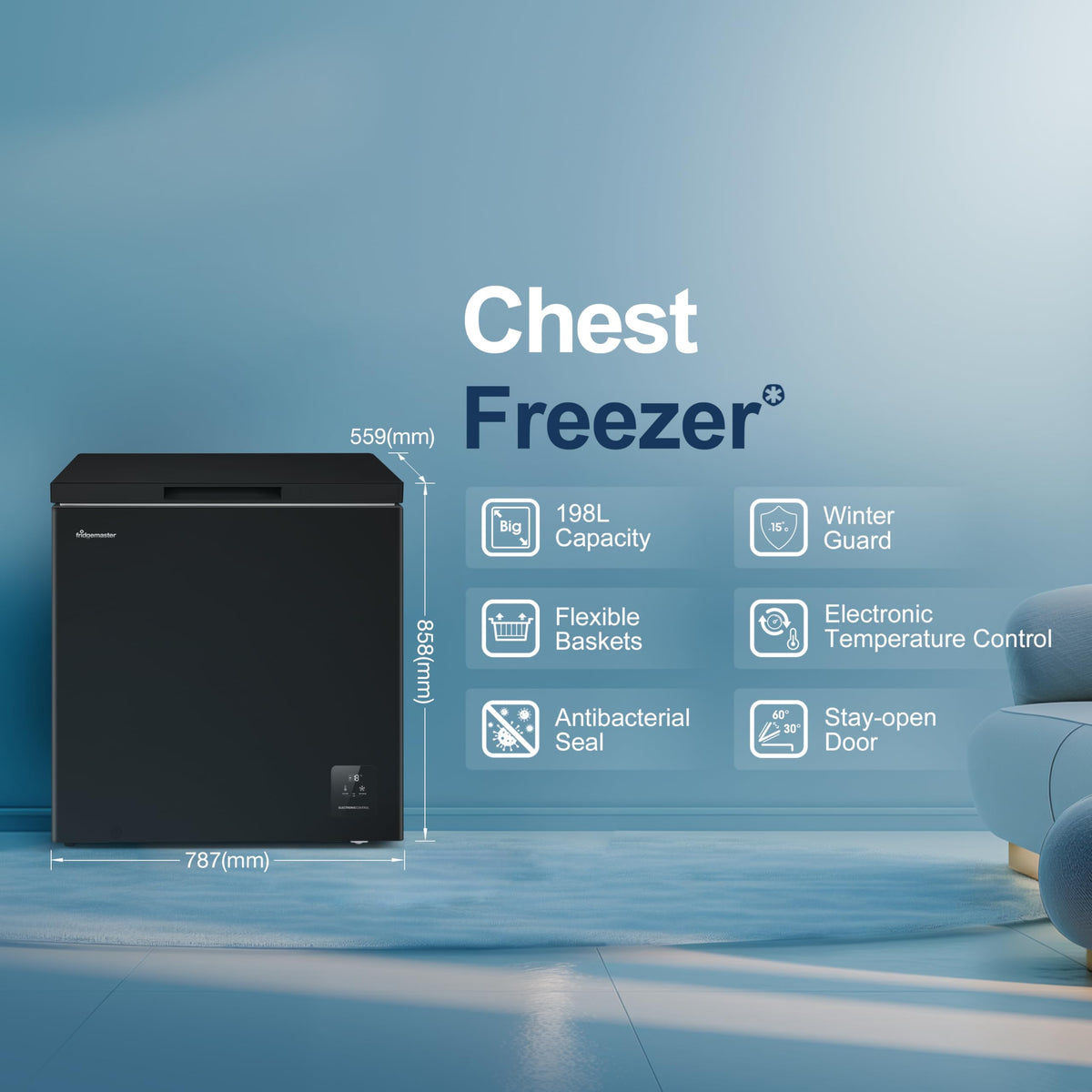 Fridgemaster White Chest Freezer, 97L Capacity, MCF100E， Freestanding, Mechanical Control, Winter Guard (-15°C), Low Noise 38dB, Basket Storage 858 (H) x 578 (W) x 444 (D) mm
