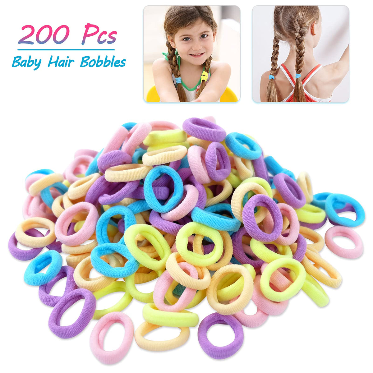 Hanyousheng 200 Pcs Baby Hair Bands, Multicolor Toddler Hair Bobbles, Baby Hair Bobbles, Toddler Hair Bands, Seamless Elastic HairBands, BabyHair Ties, for BabyGirls Kids Toddlers