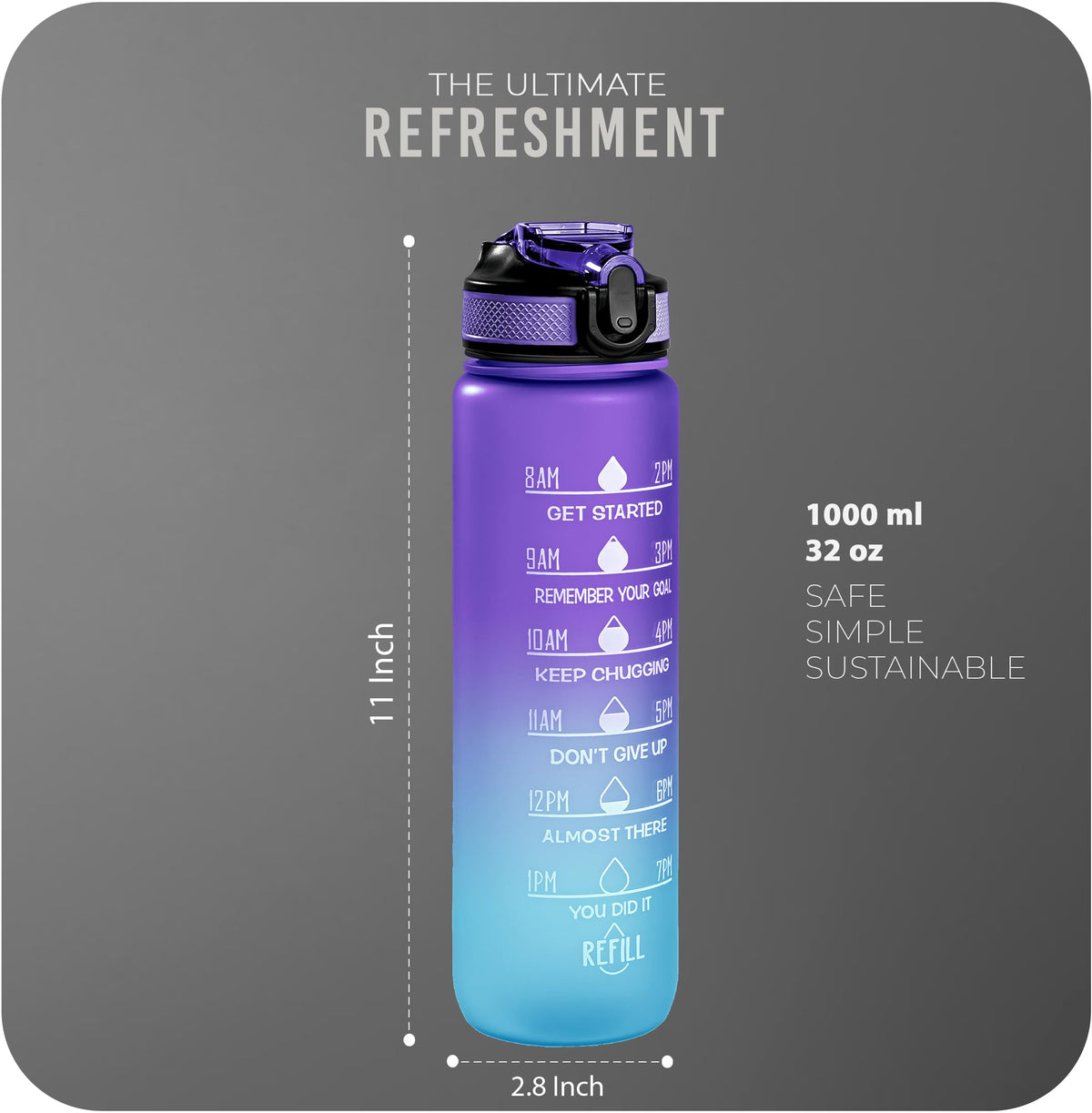 Roe Tenpo Sports Water Bottle with Straw and Time Marking, and 32OZ Capacity - Motivational and Eco-Friendly BPA-Free Bottle for Running, Gym, Yoga, Outdoors, and Camping (Style-1, Black)