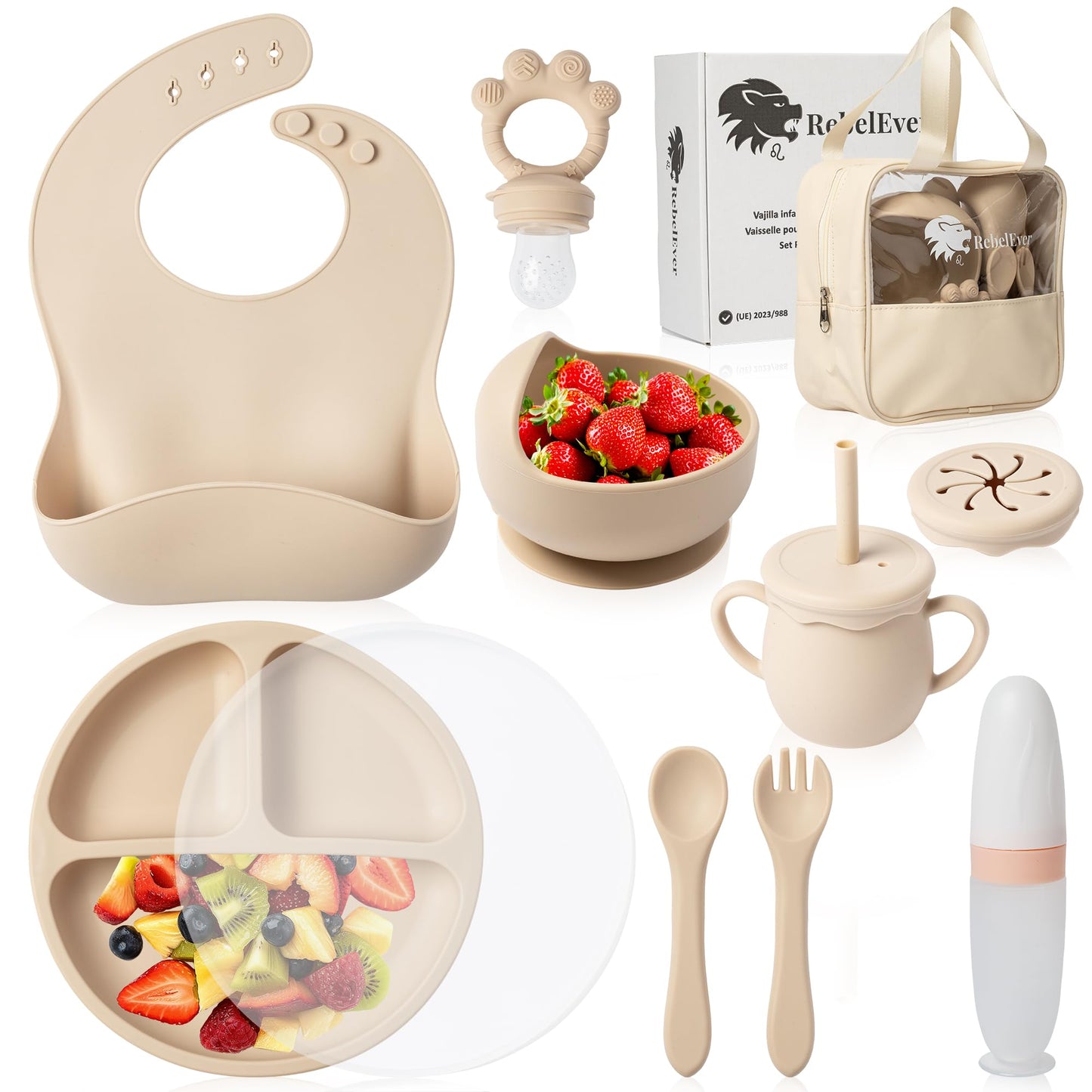 Baby Weaning Set - Silicone Baby Feeding Set with Bag for Travel or Storage at Home - Baby Fruit Feeder and Baby Bottle with Spoon Included