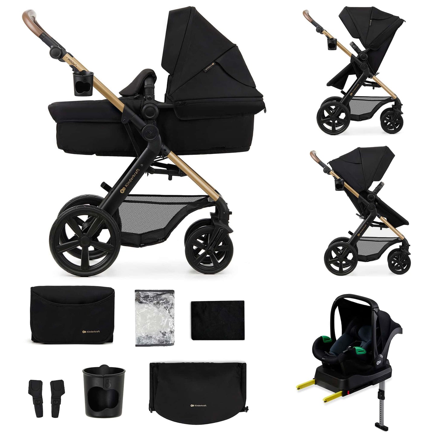 Kinderkraft MOOV 2 AIR 4 in 1 Set, Pram with Infant Car Seat with Isofix Base Mink PRO I-Size, Travel System, Baby Pushchair, Buggy, Foldable, from Birth to 22 kg, Inflatable Wheels, Gray