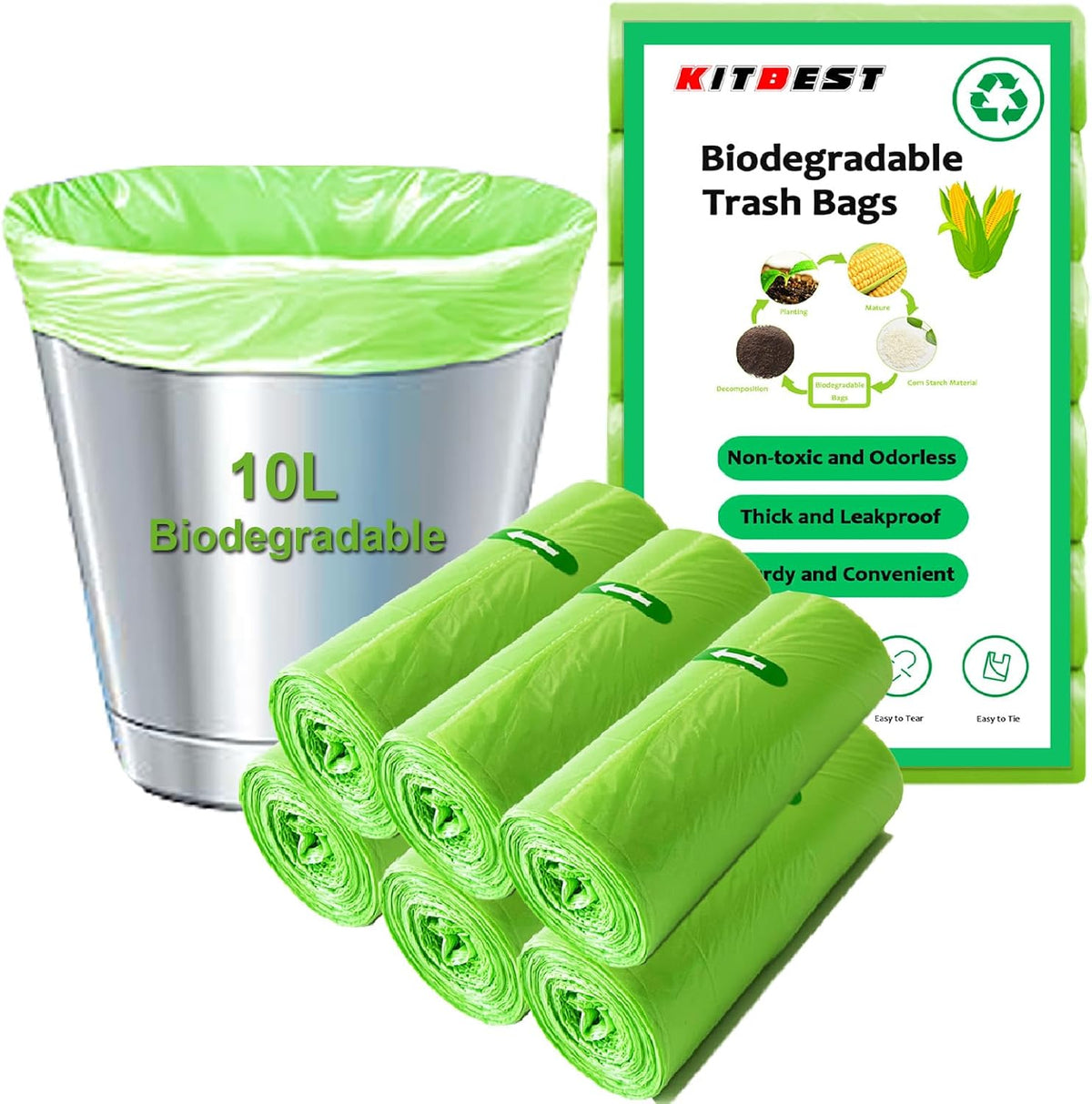KITBEST 10L Biodegradable Bin Liners 120 Count Food Waste Trash Bags Small