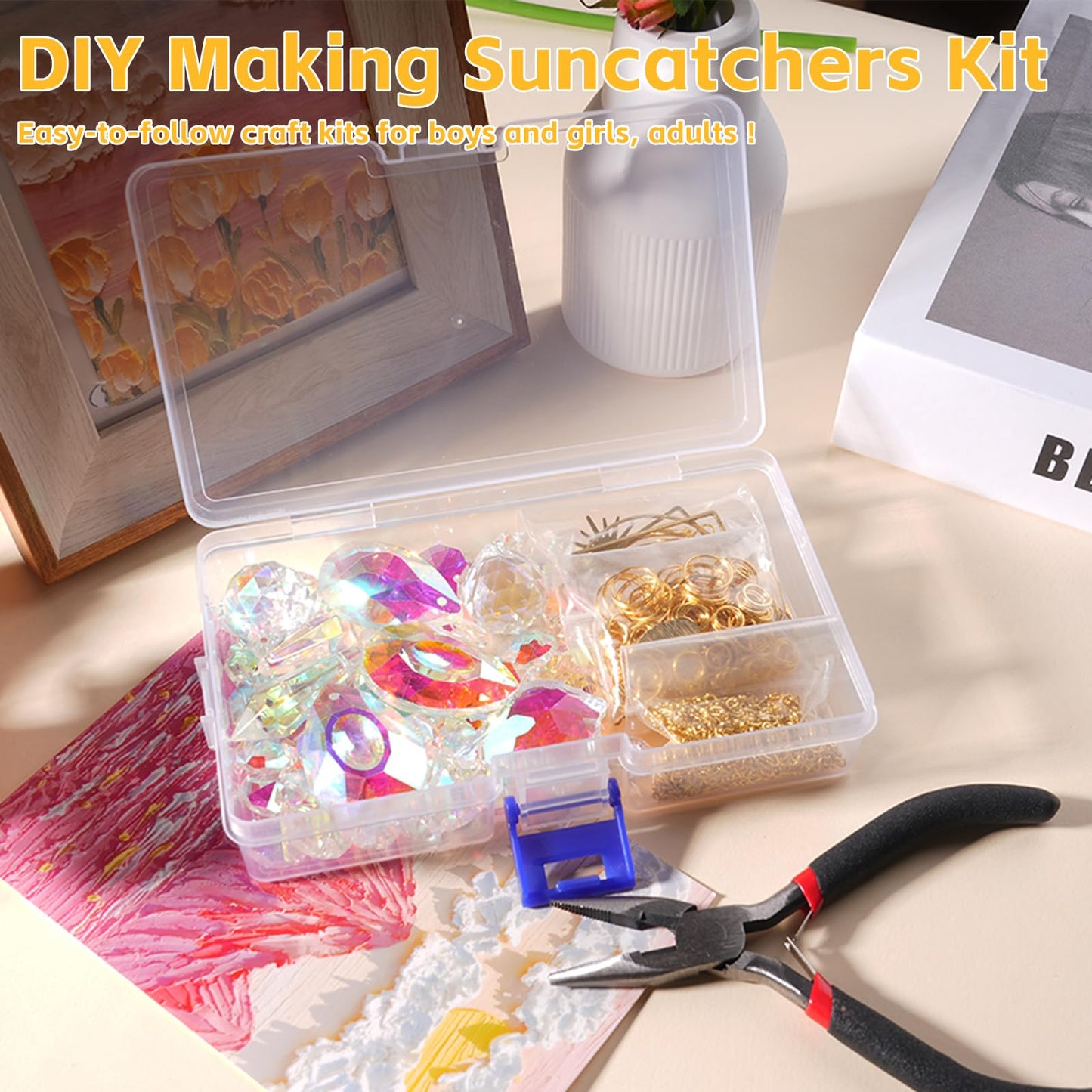 240PCS DIY Sun Catchers Making Kits for Adults, Crystal Suncatchers Kit with Colourful Prism Pearl Rainbow Maker for Windows, Hanging, Indoor, Outdoor, Garden Decor (Silver)