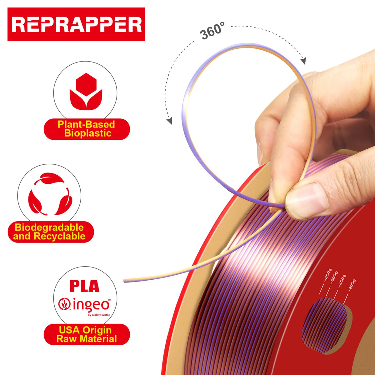 Reprapper 4X 250g Color Pack – Dual Color PLA Filament 1.75mm for 3D Printer & 3D Pen, Multicolour Filament, 4 x 250g Matte Red/Blue, Matte Purple/Green, Silk Red/Blue, and Silk Purple/Green