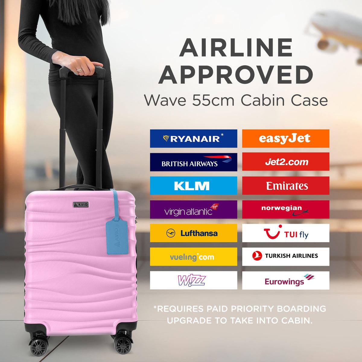 Avio Carry-On Cabin Luggage 55x40x20cm | Hard Shell Suitcase 4 Wheels