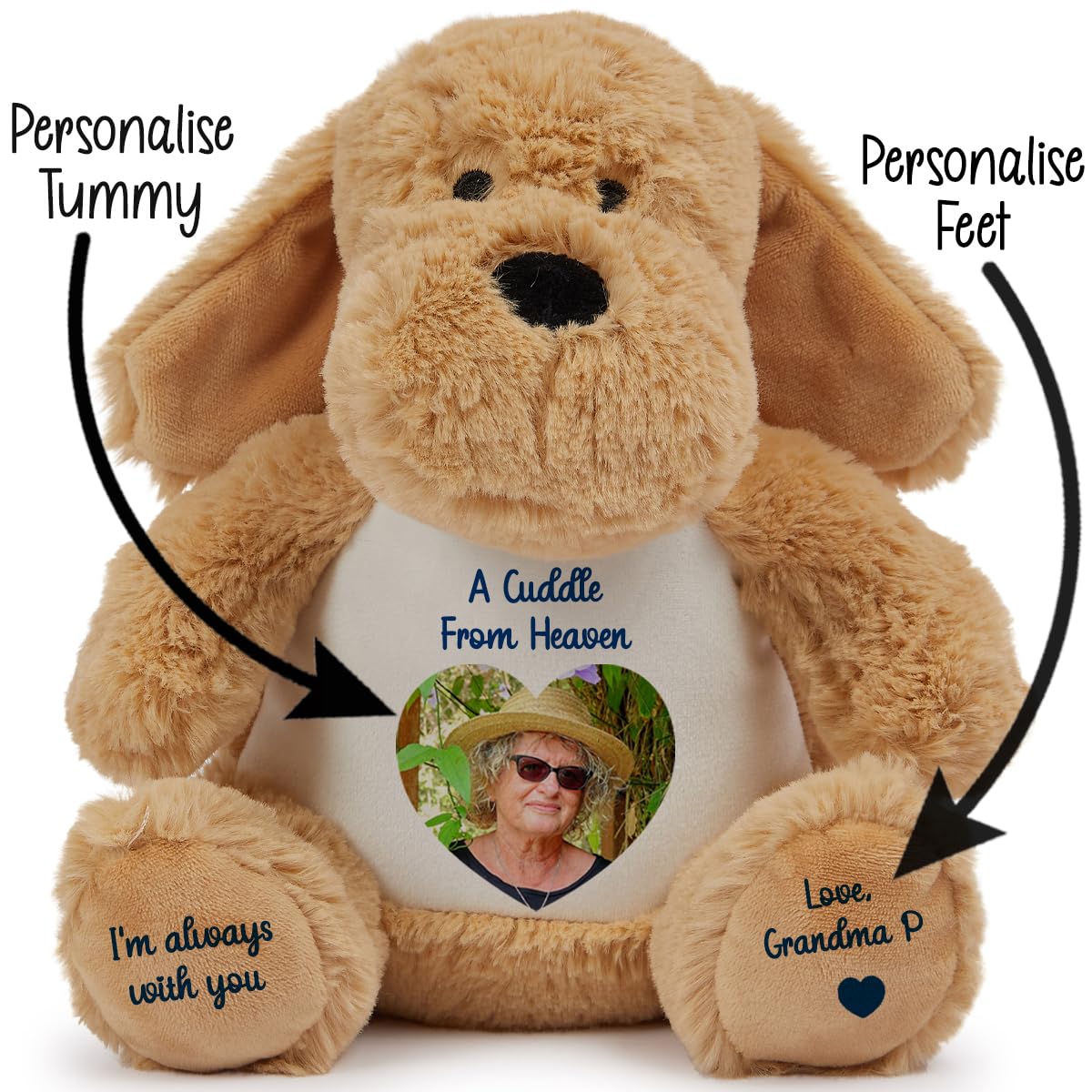 Personalised Memory Teddy Bear with Heart-Shaped Photo – “A Cuddle From Heaven” Keepsake Gift – 28 Bear Styles – Add Your Text & Choose Colour – Custom Memorial Bear (White Angel Teddy)