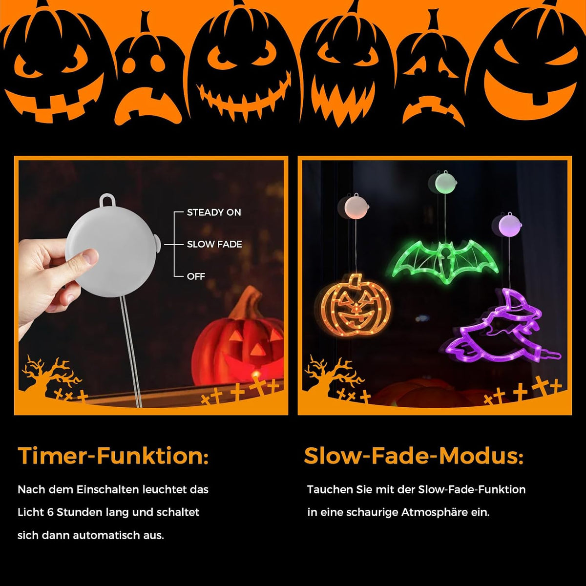 CNMTTCO Halloween Window Lights with Timer, Orange Pumpkins, Green Bat & Purple Witch LED Decorations, Battery Operated Indoor Window Lights with Suction Cups (Set of 3)