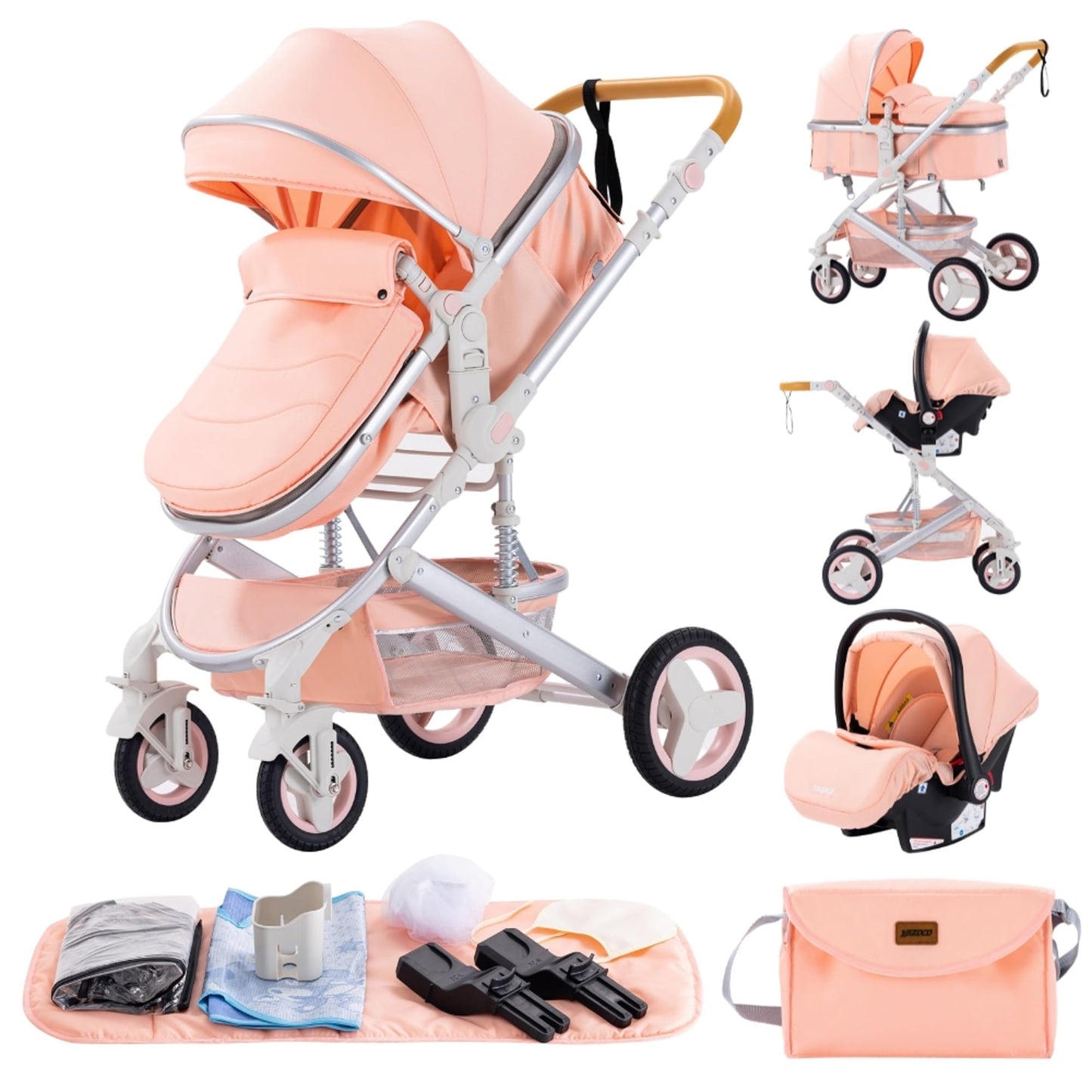 GLOKID 3 in 1 Prams Travel System, 0-4 Years, Foldable, Compact and Reclining Baby Pushchair, Aluminum Frame, Accessories, Nursery Bag (530 Red)