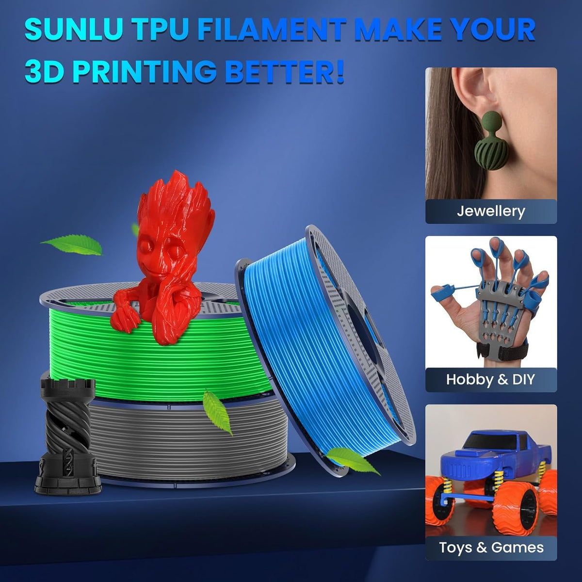 SUNLU TPU Filament TPU 95A 1.75mm Black, Flexible 3D Printer Filament