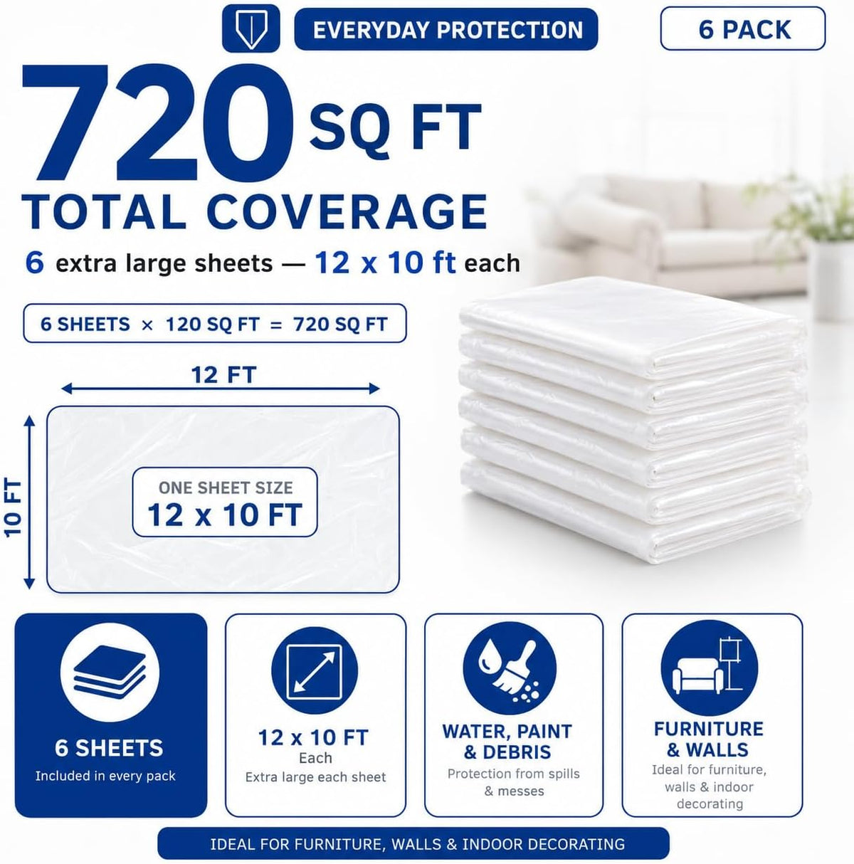 Raulde 6 Pack Extra Large Plastic Dust Sheets for Decorating 3.6 x 3m (12 x 10ft), Light Dust Sheet for Painting & Furniture - Plastic Sheet - Plastic Sheeting - Decorating Sheets - Dust Cover