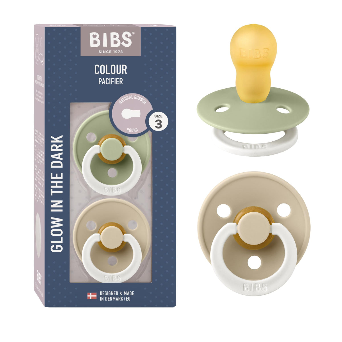 BIBS Colour Soother 2-Pack, BPA Free Dummy Pacifier, Round Nipple. Natural Rubber Latex, Made in Denmark, Size 2 (6-18 Months), Baby Blue