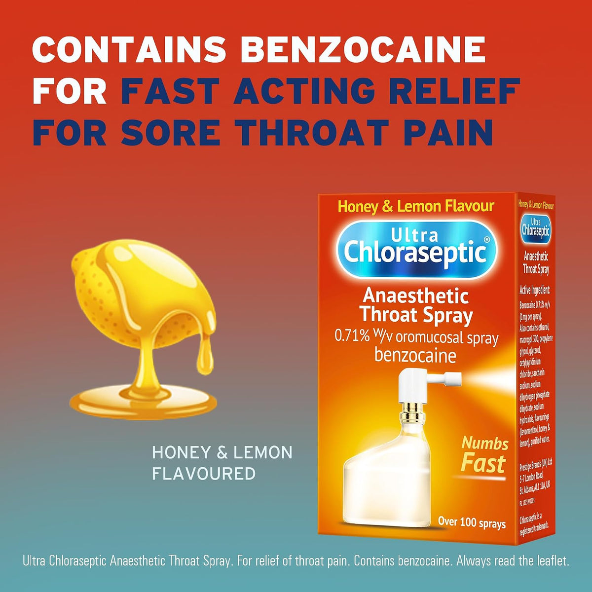 Ultra Chloraseptic Honey and Lemon, Sore Throat Pain Relief Spray 15ml