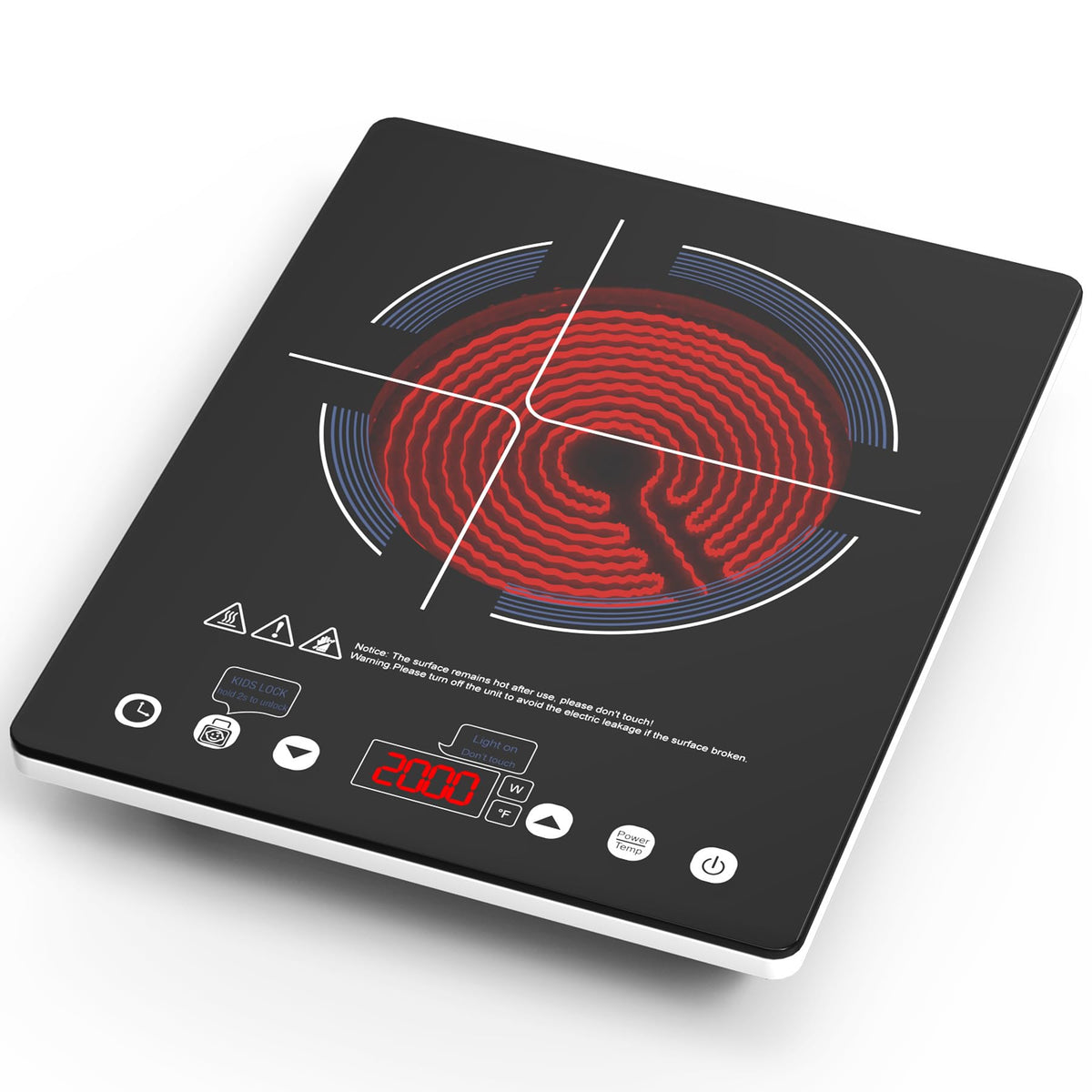 VBGK Portable Ceramic Hob, 2000W Portable Electric Hob, Electric Ceramic Hob, Single Cooking Zone with LED Display, 4-Hours Timer, Safety Lock, Residual Heat Indicator