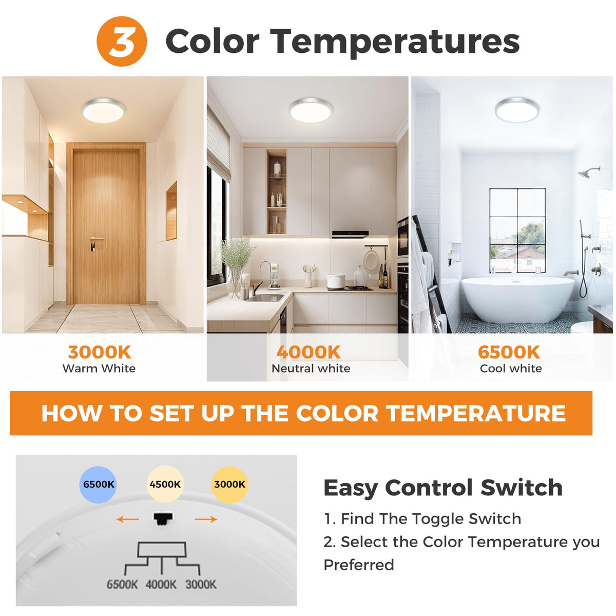 slochi Bathroom Light, 3000K/4000K/6500K 3 Color Temperature, Waterproof, Round, Modern, Flush Ceiling Light for Bathroom, Kitchen, Bedroom, Hallway and MoreØ18CM(Gold)