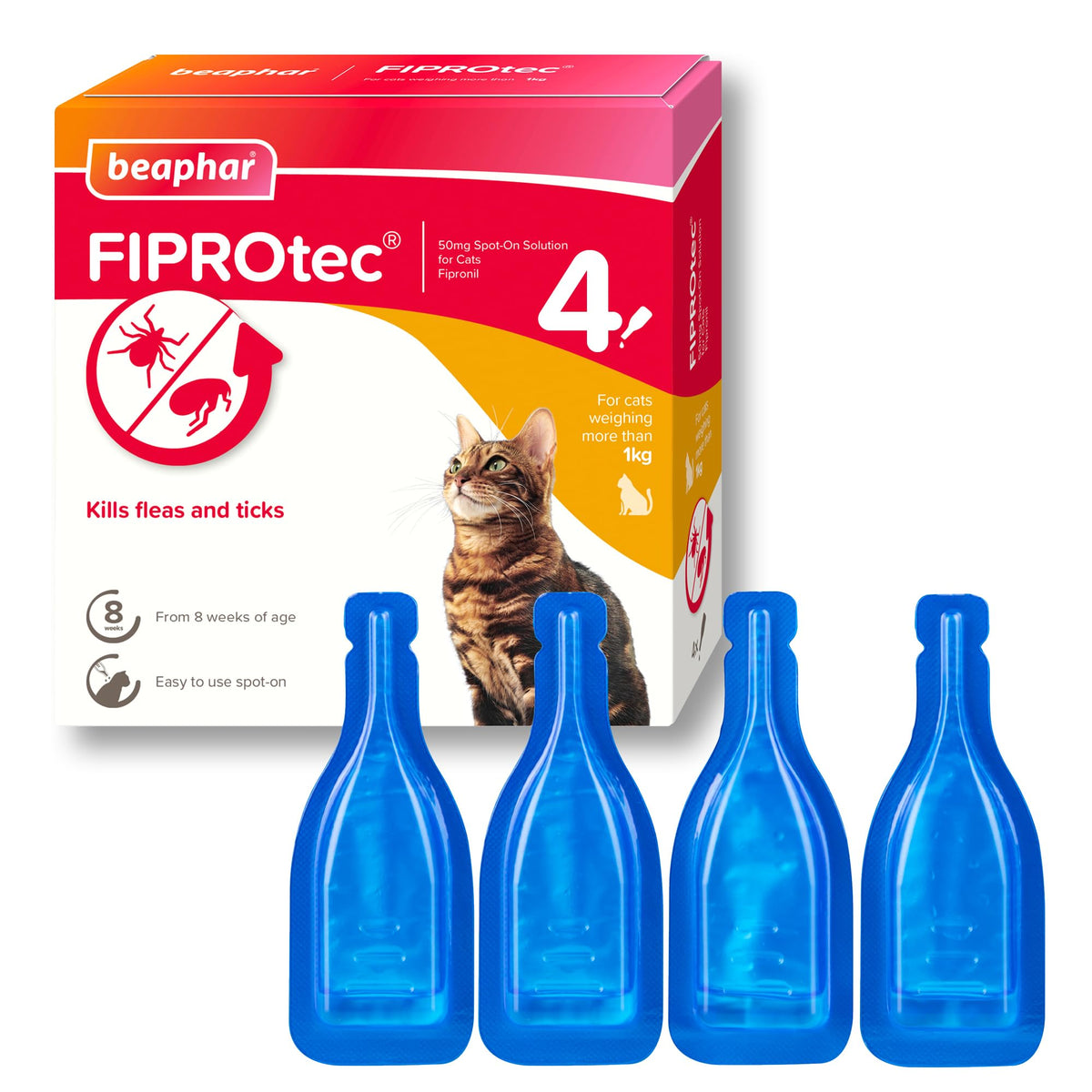 Beaphar - FIPROtec Spot-On Flea & Tick Treatment for Cats - 6 Pipettes - Kills Fleas & Ticks - Veterinary Medicine – Easy to Apply Monthly - For Cats & Kittens from 8 Weeks Old, Weighing Over 1kg