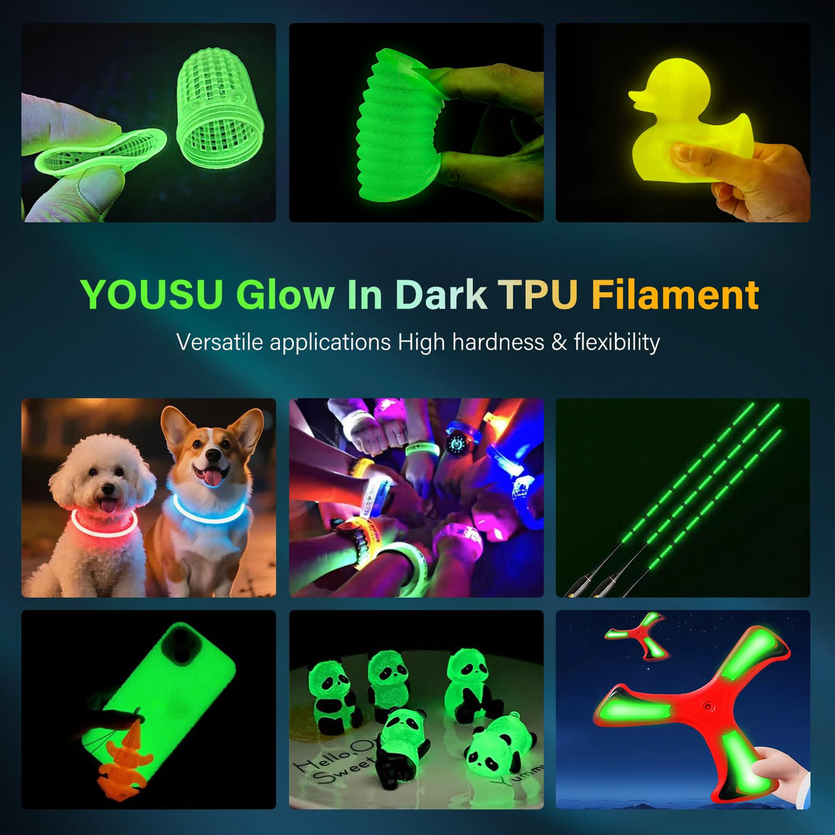 YOUSU 3D Printer Filament Bundle,Glow in The Dark Filament Multicolor,PLA Filament 1.75 mm,Green, Blue,Purple and Rainbow Accuracy +/- 0.03 mm,250g X 4 Pack