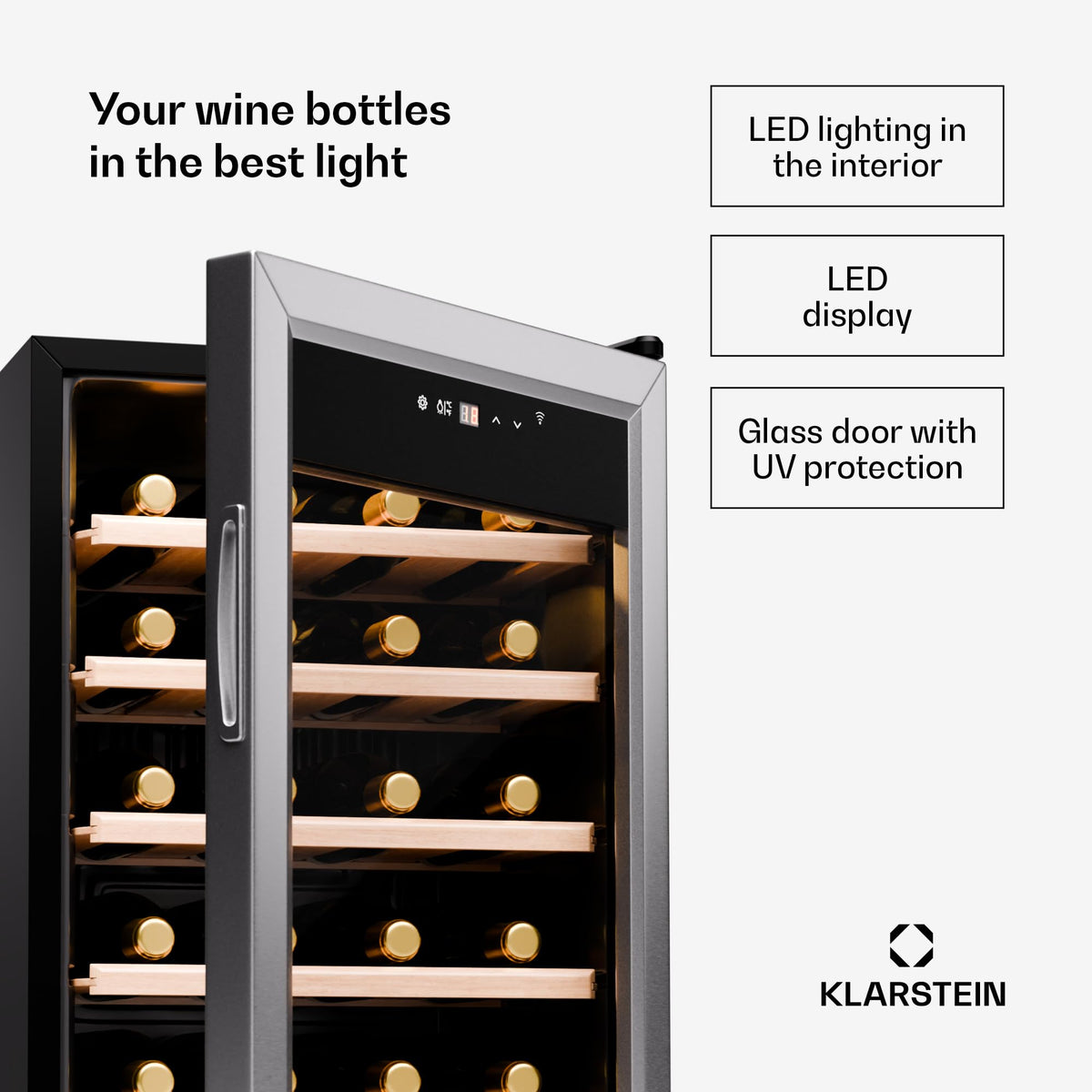 KLARSTEIN Shiraz Wine Cooler Black – 8 Bottles, 1 Zone | Freestanding Wine Fridge with Glass Door, Quiet, 5–18 °C, LED, Stainless Steel Frame