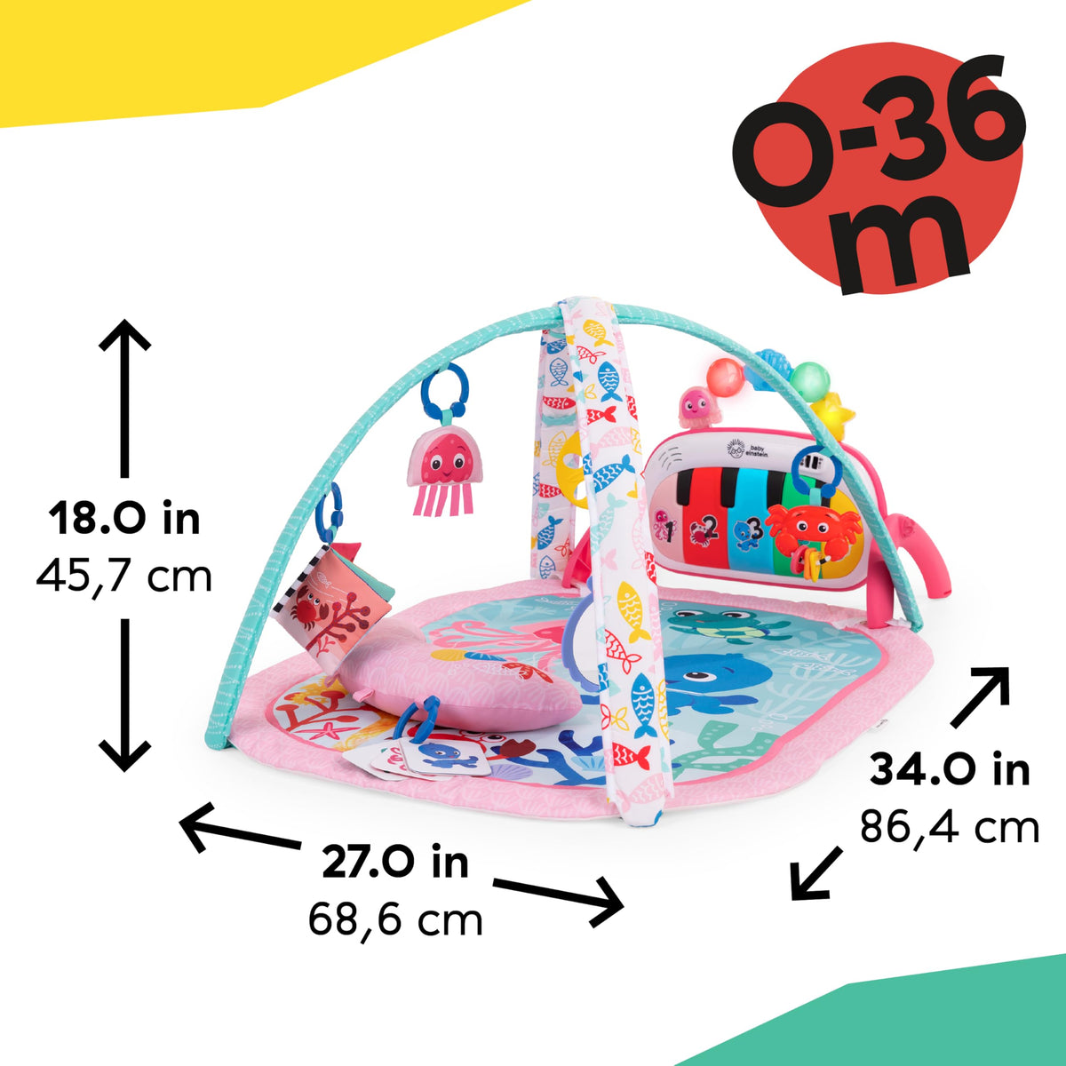 Baby Einstein 4-in-1 Kickin Tunes Play Gym, Tummy Time Baby Play Mat with Kick Piano, Music & Language Discovery, Sensory Toys, Lights & Sounds, for Newborns & Up