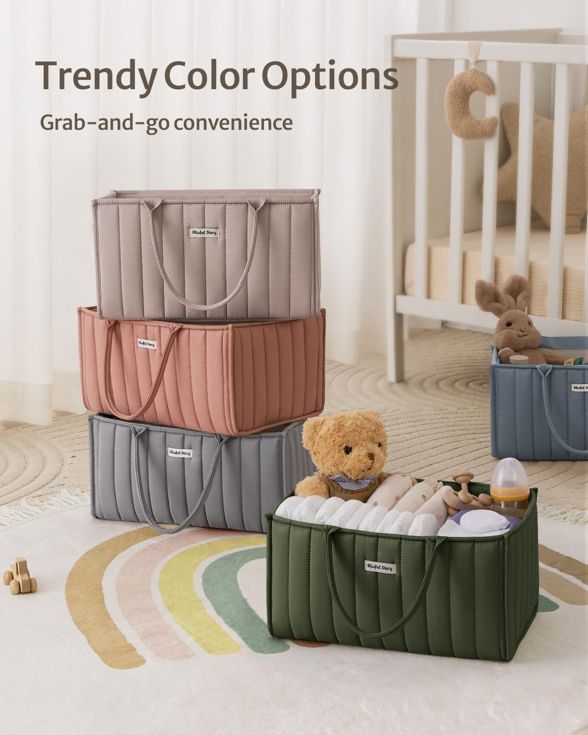 Blissful Diary Nappy Caddy Organiser, Baby Diaper Caddy for Nappy Station, Stylish Storage Basket for Newborn Essentials, Baby Shower Gifts for Girl or Boy, Woodland Cream