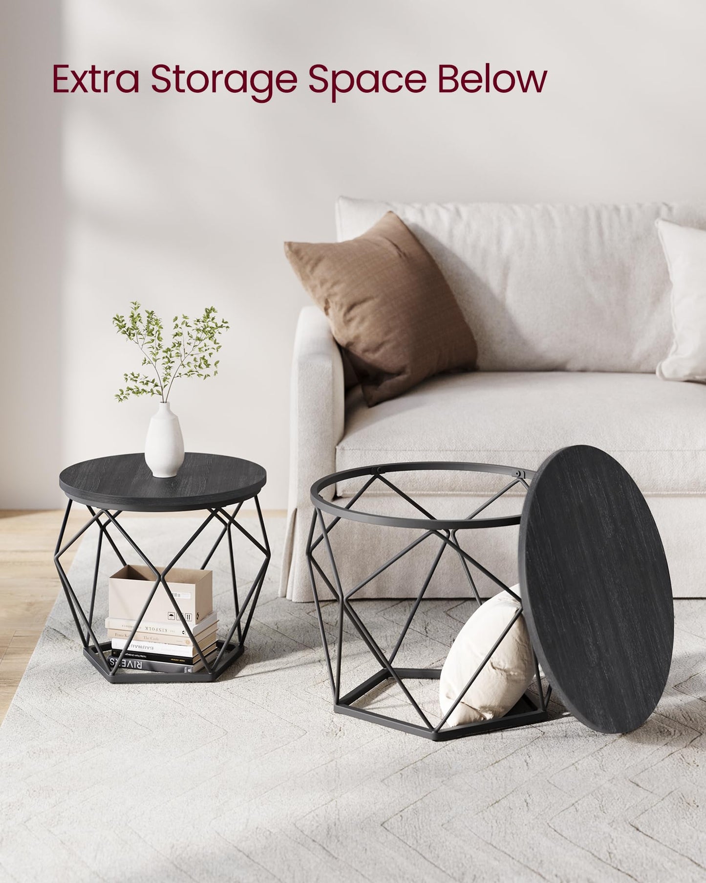 VASAGLE Coffee Tables, Set of 2 Side Tables, Robust Steel Frame, for Living Room, Bedroom, Rustic Brown and Black LET040B01