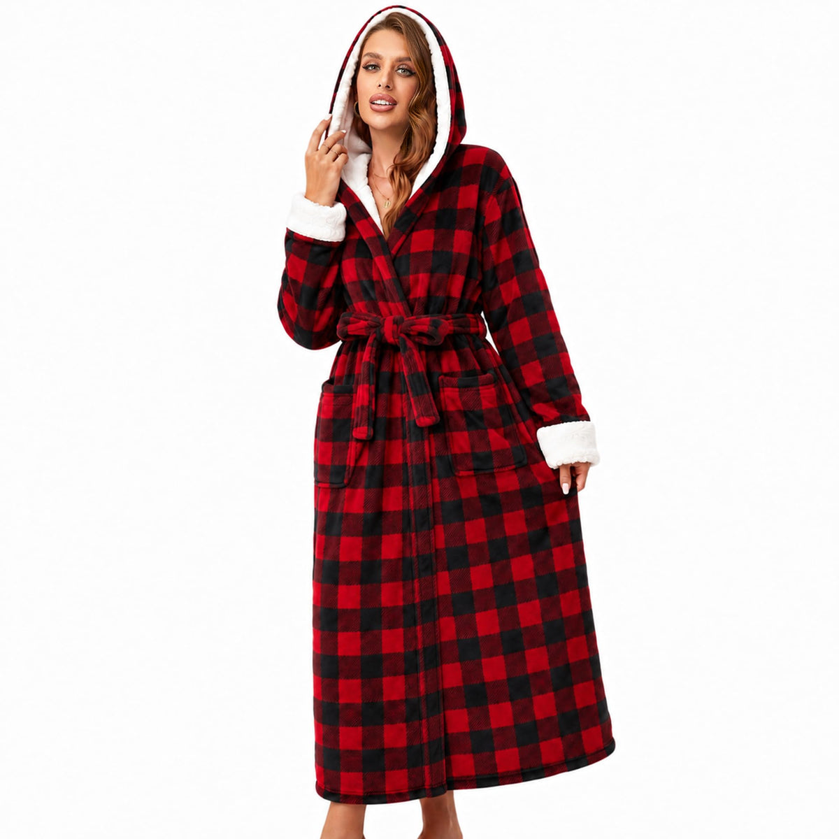 RONGTAI Womens Dressing Gown Fleece Plush Warm Long Hooded Robes