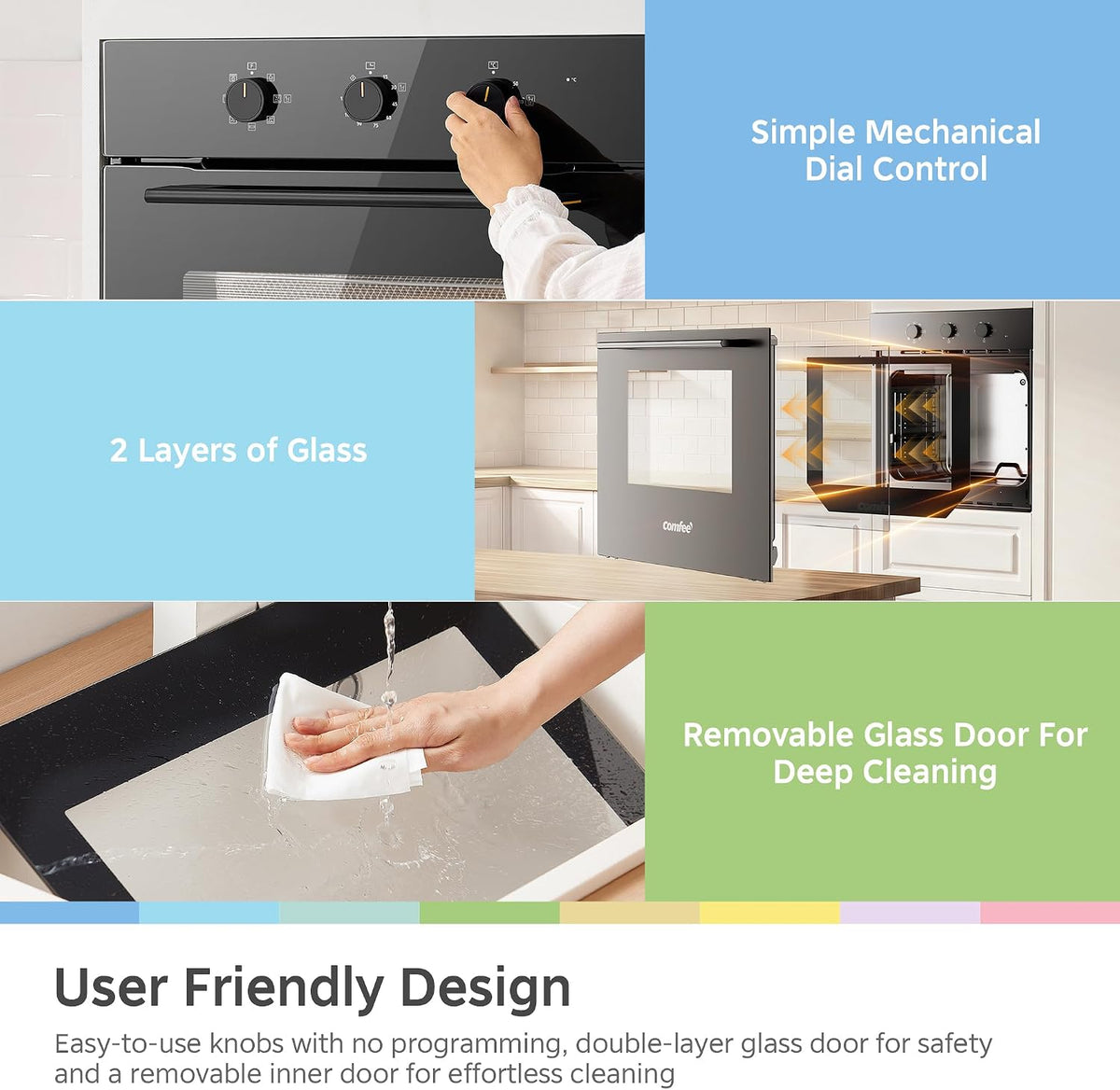 COMFEE' 60L, 60cm Wide, Single Electric Built-in Fan Oven, 8 Function with Air Fry, Multiphase Cooking and Easy Cleaning Removable Door, Color Black - CBO60M80M1-BK