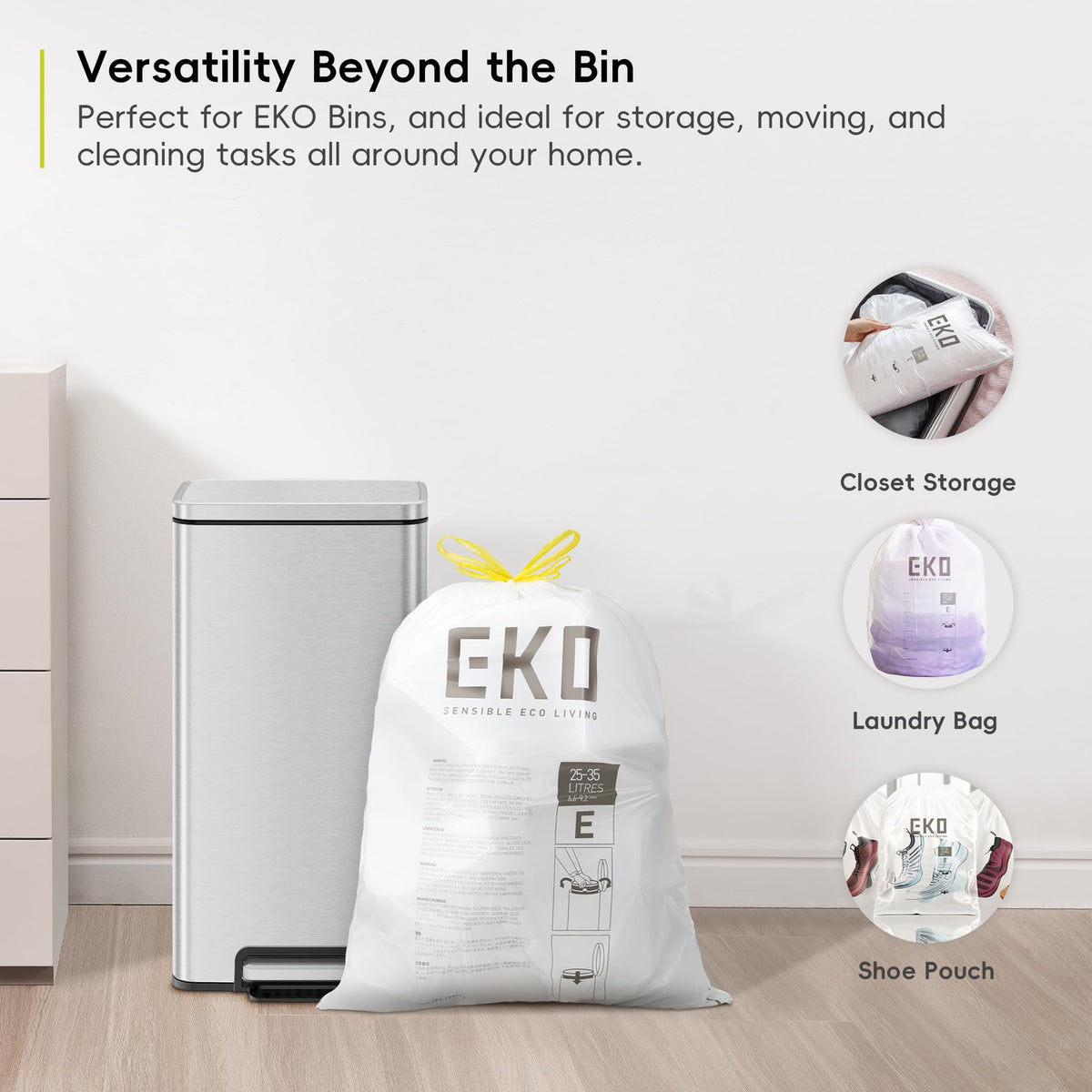 EKO Bin Bags, Kitchen Bin Liners, Drawstring, 40-60 Litre, 12 Count, Code F