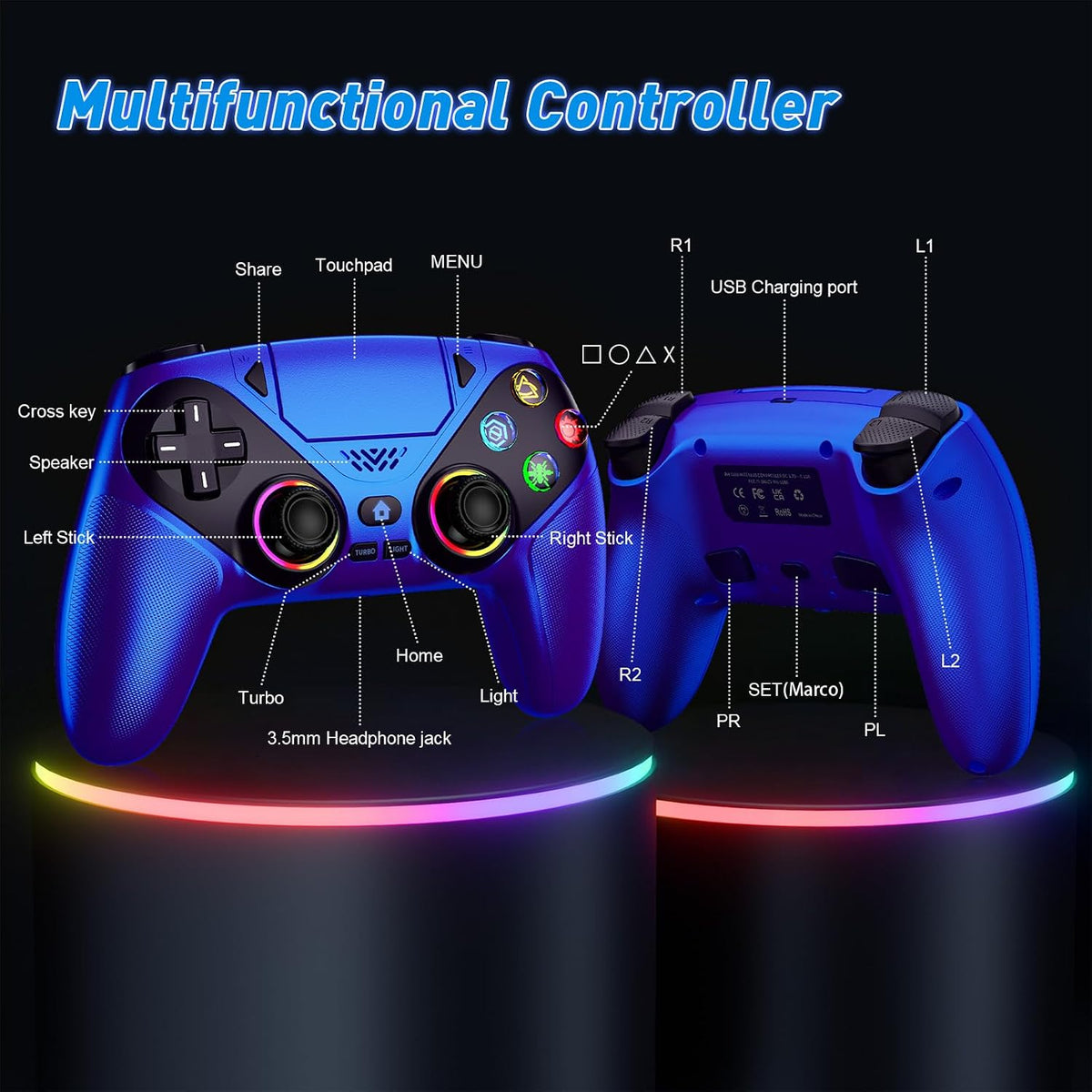 Dinosoo RGB Wireless Controller for PS5/Pro/Slim/PC, with Back Paddles, Touchpad, Dual Vibration, 6-Axis Gyro, Macro, Turbo, Speaker & 3.5mm Audio