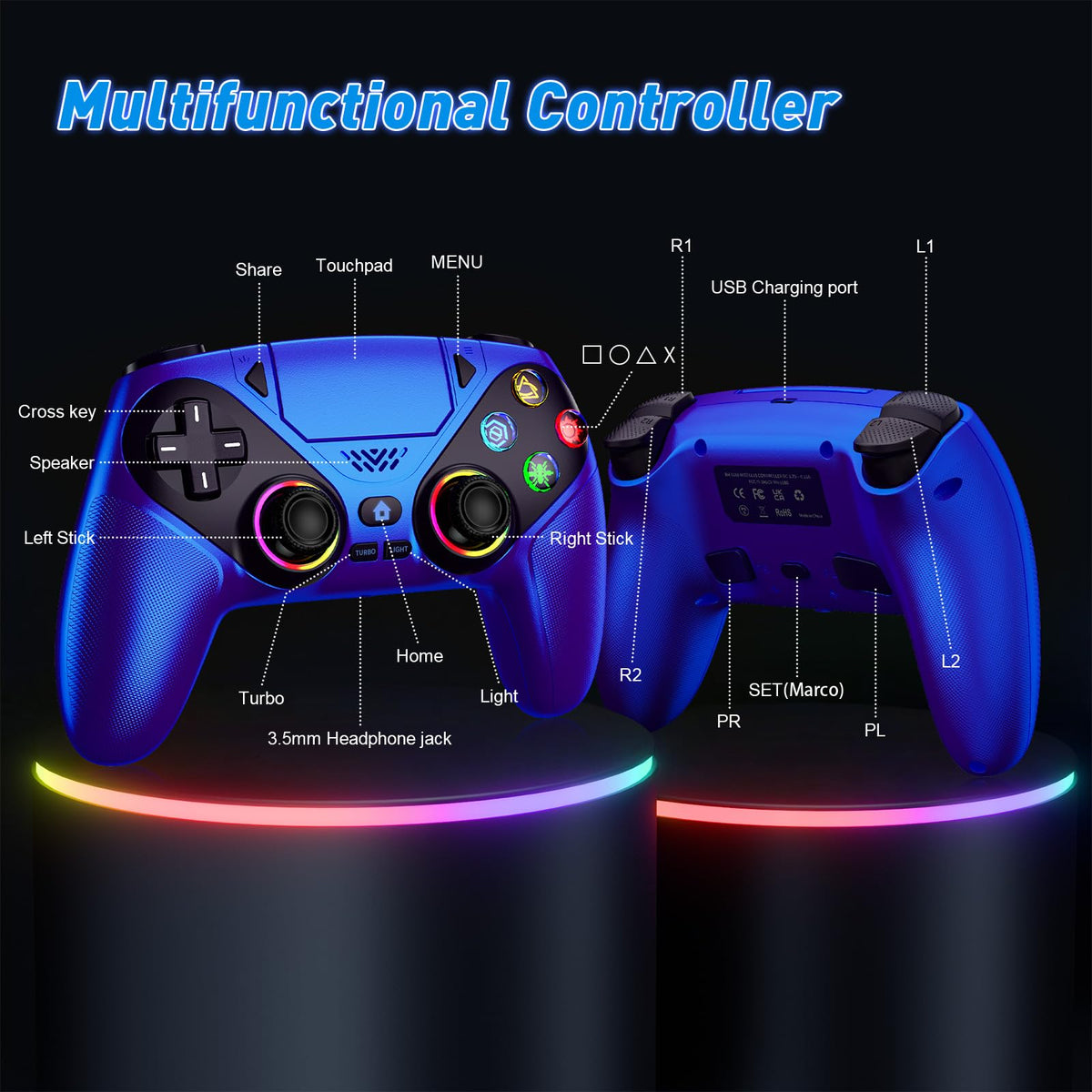 Dinosoo RGB Wireless Controller for PS5/Pro/Slim/PC, with Back Paddles, Touchpad, Dual Vibration, 6-Axis Gyro, Macro, Turbo, Speaker & 3.5mm Audio