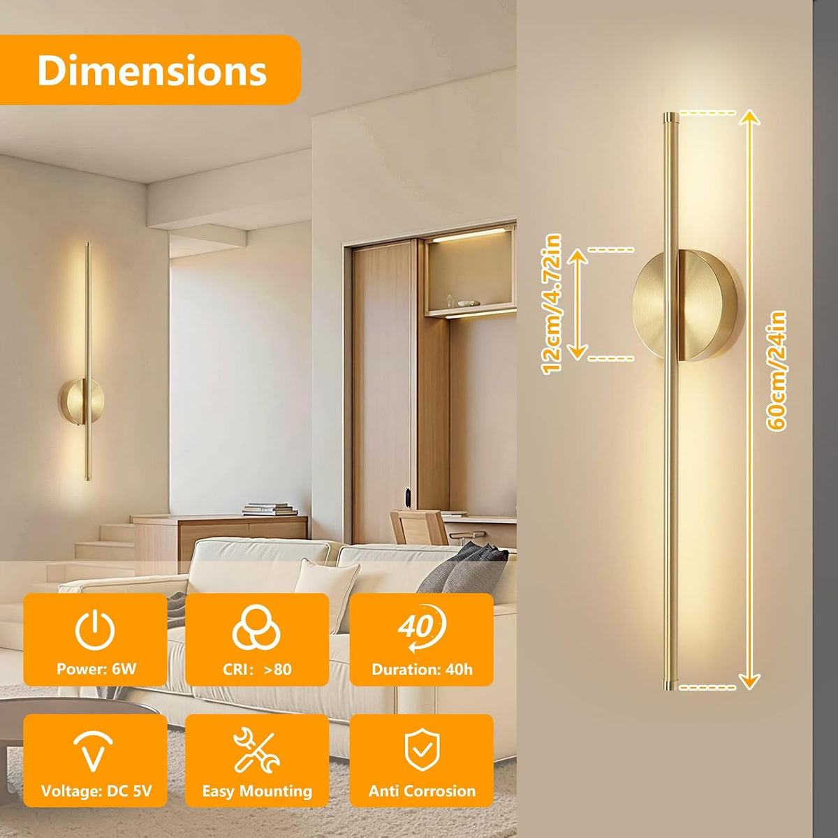 Dehobo 80CM Rechargeable Wall Lights with 8000mAh for Home Decor, 2 Packs