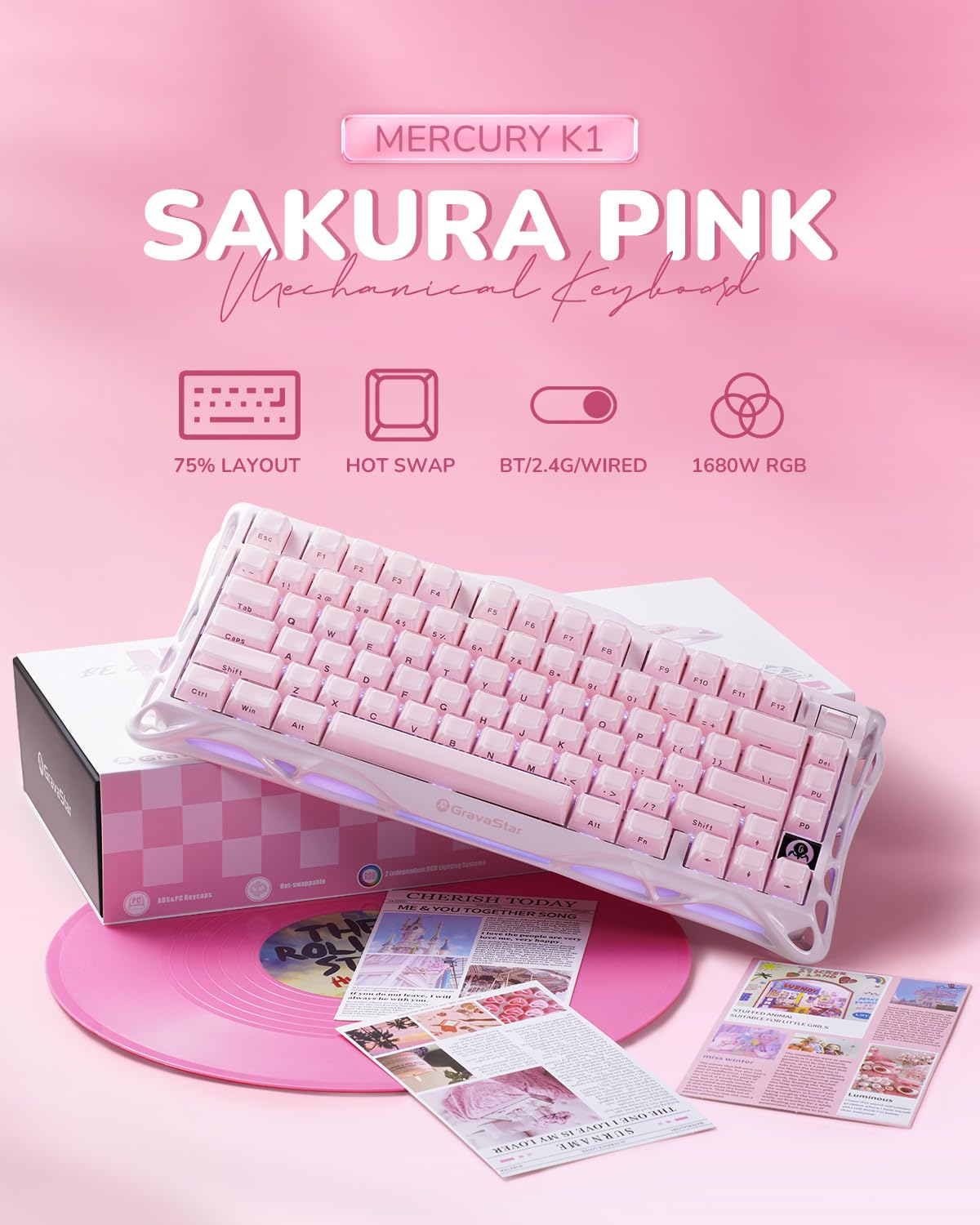 GravaStar Mercury K1 Mechanical Keyboard with Aluminium Frame, 75% Wireless Gaming Keyboard, Hot Swap Custom Keyboard with Button, Gasket, RGB Tri-Mode Keyboard, PBT Keycaps, 8000 mAh White