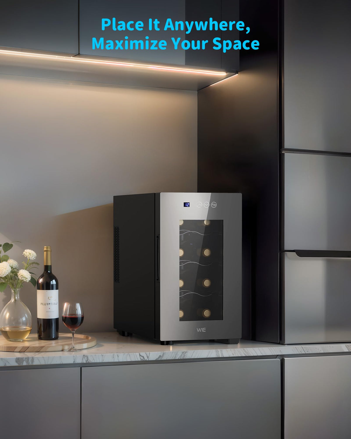 WIE 48L Drinks Fridge with Glass Door, Beer Fridge for 68 Cans or 12 Wine Bottles, Mini Fridge 4-16°C Touch Control, Quiet Beverage Refrigerators with LED Light, Reversible Door for Home, Bar, Office
