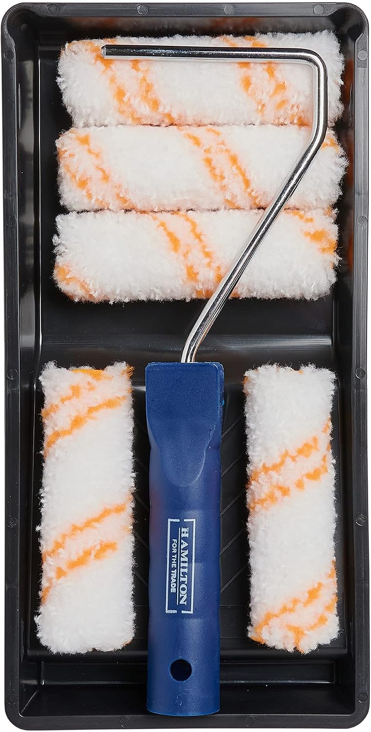 Hamilton for The Trade 7 Piece Medium Pile Paint Roller Set with Tray, 4", White/Orange/Blue