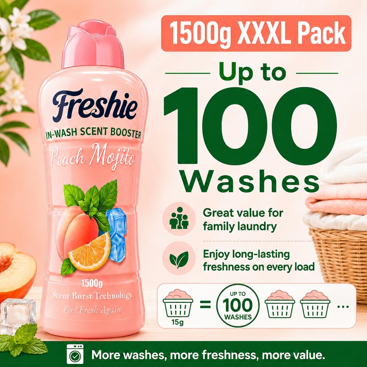 Freshie Scent Booster Laundry Beads 1500g, Peach Mojito Scent, In-Wash Scent Booster for Freshness Long-Lasting Fragrance, Up to 100 Washes, Granules
