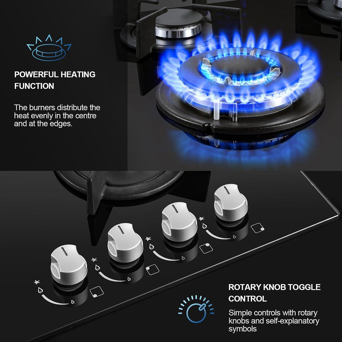 TopStrong Gas Hob 4 Burners, 60cm Black Glass Built-in Cooktop with 8060W Wok Burner & Thermocouple Protection, Natural Gas & LPG Compatible