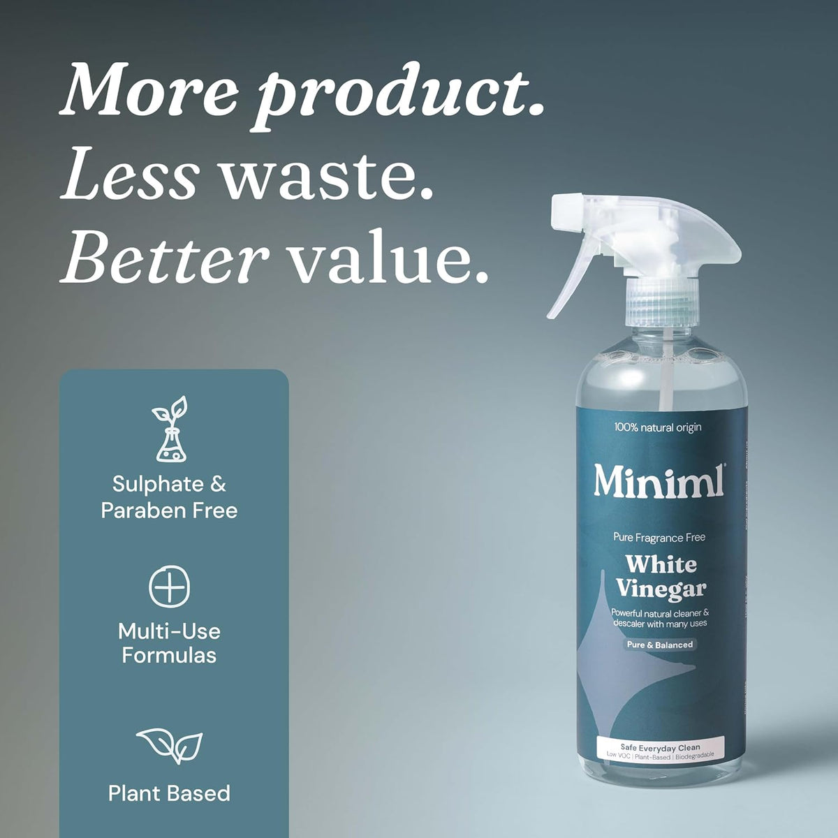 Miniml Eco White Vinegar Cleaning Unscented 750ml - All Natural Multi-Surface & Multi-Purpose Cleaner, Limescale Remover, Laundry Softener & More - 100% Vegan & Cruelty Free