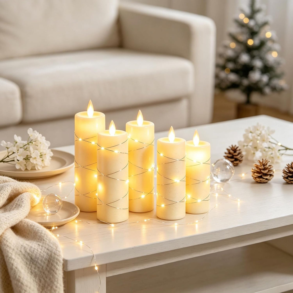 Da by 3 Pack Ivory Flameless LED Candles with Fairy Lights, Realistic Moving Flame Paraffin Wax Candles, Remote Control, Soft Warm Light, 8cm D x 12.5/14.5/16.5cm H, Indoor Wedding Home Decor