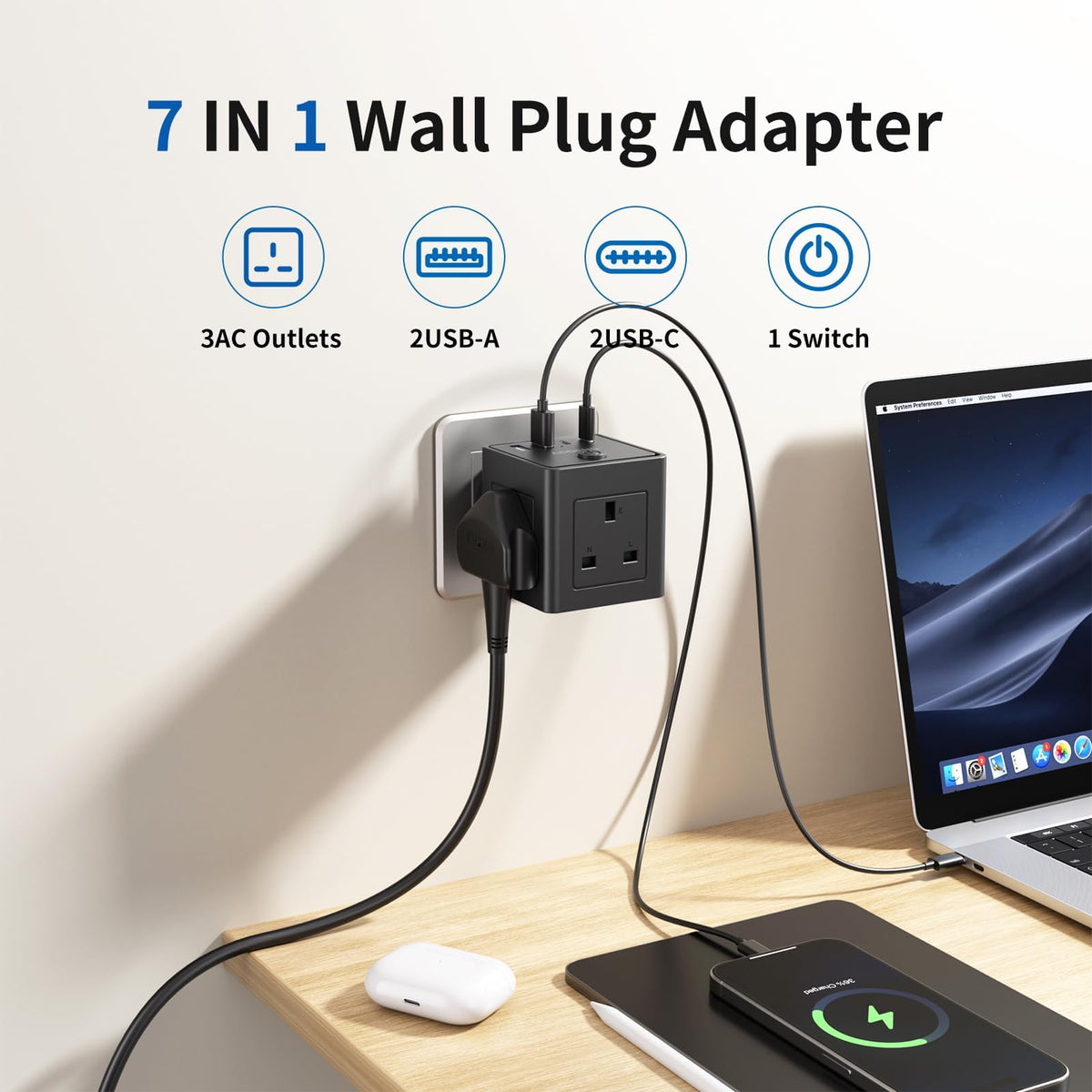 Plug Extension Socket with 4 USB, 3 Way Multi Plug Adapter UK, USB Wall Plug Charger, 3 Pin Plug Expander for Home, Office, University Essentials