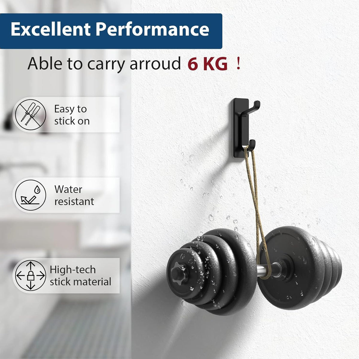 pickpiff Self Adhesive Hook, 6KG Extra Sticky and Strong, Black 4 Pack