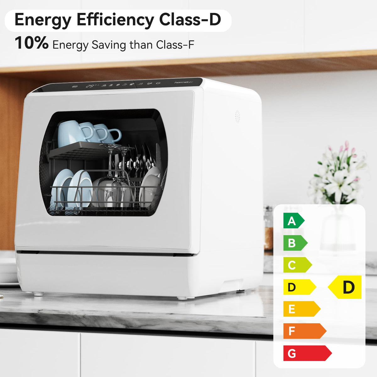 Hermitlux Table Top Dishwasher, Mini Countertop Dishwasher with 4 Place Settings, 5L Built-in Water Tank, 6 Programmes, Touch Control, Baby Care and Fruit Wash, White