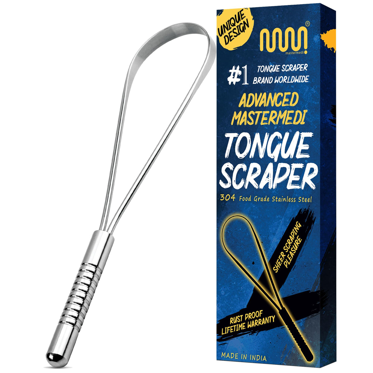 MasterMedi Tongue Scraper with Travel Case 1 Pack, Bad Breath Treatment Tongue Scraper for Adults & Kids, Stainless Steel Metal Tongue Scraper, Easy to Use Tongue Cleaner for Hygiene and Self Care