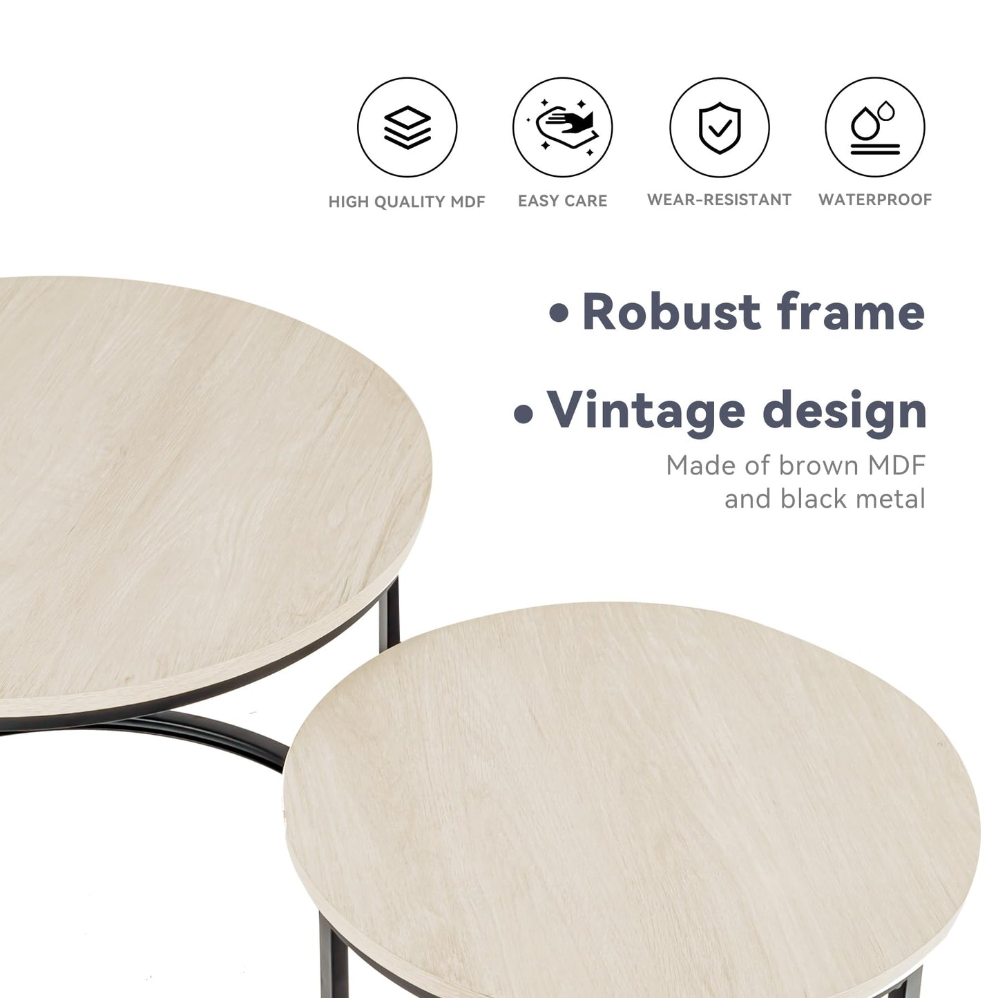 Hawthyhome Coffee Tables, Round Nesting Tables Tet of 2, Modern Side Tables with Metal Frame, Industrial Stacking End Tables for Living Room Bedroom Office, 60 * 60 * 45cm, Brown