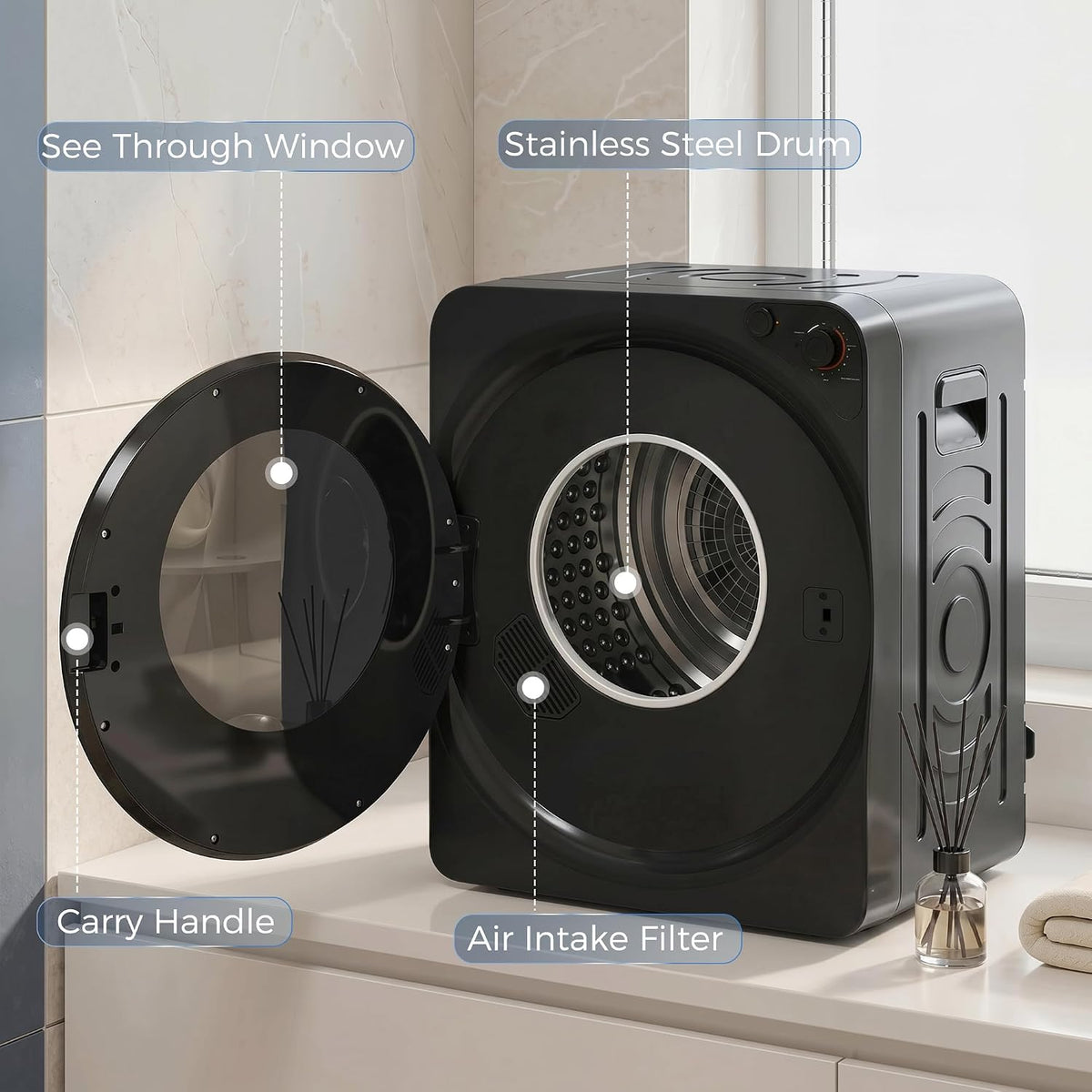HOMCOM Vented Tumble Dryer, 5kg Wet Laundry/3kg Dry Capacity, 1000W, Black
